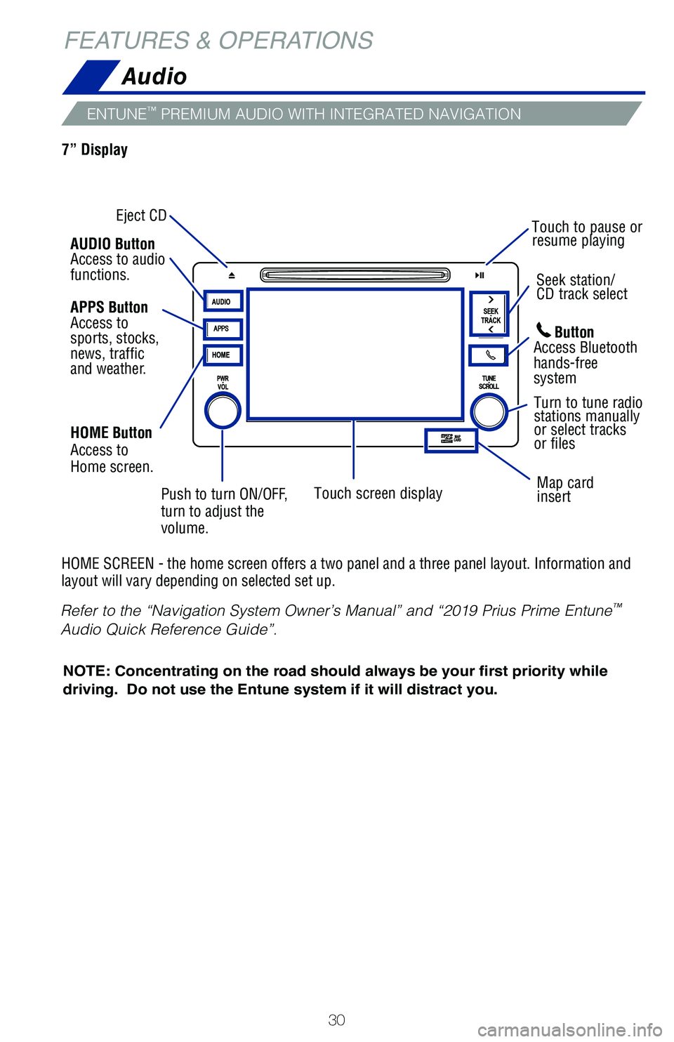 TOYOTA PRIUS PRIME 2019 (in English) Owners Guide 30
ENTUNE™ PREMIUM AUDIO WITH INTEGRATED NAVIGATION
Audio
HOME SCREEN - the home screen offers a two panel and a three panel layou\
t. Information and
layout will vary depending on selected set up. TOYOTA PRIUS PRIME 2019 (in English) Owners Guide 30
ENTUNE™ PREMIUM AUDIO WITH INTEGRATED NAVIGATION
Audio
HOME SCREEN - the home screen offers a two panel and a three panel layou\
t. Information and
layout will vary depending on selected set up.