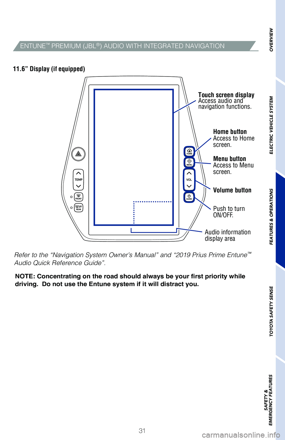 TOYOTA PRIUS PRIME 2019 (in English) Owners Guide 31Home button
Access to Home
screen.
Menu button
Access to Menu
screen.
Volume button
Push to turn
ON/OFF.
Audio information
display area
Touch screen display
Access audio and
navigation functions. TOYOTA PRIUS PRIME 2019 (in English) Owners Guide 31Home button
Access to Home
screen.
Menu button
Access to Menu
screen.
Volume button
Push to turn
ON/OFF.
Audio information
display area
Touch screen display
Access audio and
navigation functions.