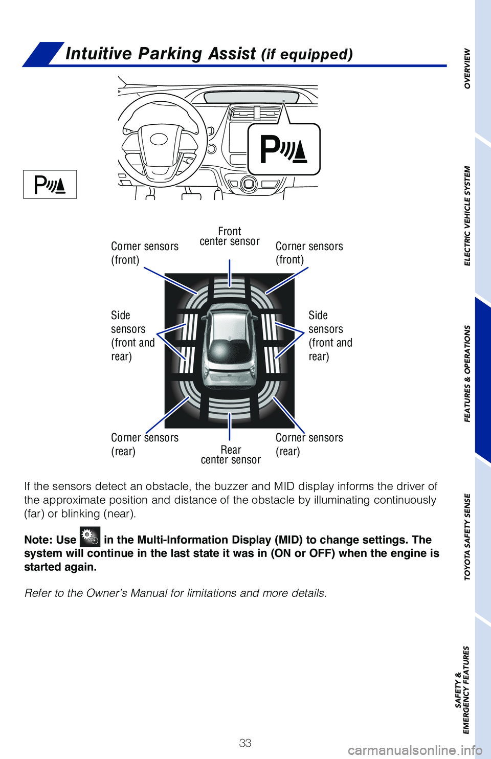 TOYOTA PRIUS PRIME 2019 (in English) Owners Guide 33
OVERVIEW
ELECTRIC VEHICLE SYSTEM
FEATURES & OPERATIONS
TOYOTA SAFETY SENSE
SAFETY &
EMERGENCY FEATURES
Intuitive Parking Assist (if equipped)
If the sensors detect an obstacle, the buzzer and MID TOYOTA PRIUS PRIME 2019 (in English) Owners Guide 33
OVERVIEW
ELECTRIC VEHICLE SYSTEM
FEATURES & OPERATIONS
TOYOTA SAFETY SENSE
SAFETY &
EMERGENCY FEATURES
Intuitive Parking Assist (if equipped)
If the sensors detect an obstacle, the buzzer and MID