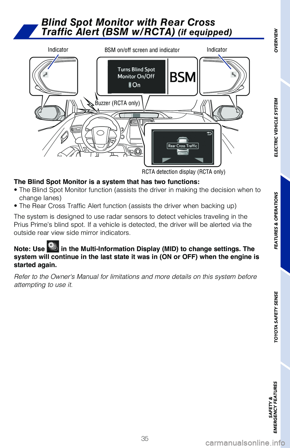 TOYOTA PRIUS PRIME 2019 (in English) Owners Guide 35
OVERVIEW
ELECTRIC VEHICLE SYSTEM
FEATURES & OPERATIONS
TOYOTA SAFETY SENSE
SAFETY &
EMERGENCY FEATURES
Blind Spot Monitor with Rear Cross
Traffic Alert (BSM w/RCTA)
(if equipped)
IndicatorIndic TOYOTA PRIUS PRIME 2019 (in English) Owners Guide 35
OVERVIEW
ELECTRIC VEHICLE SYSTEM
FEATURES & OPERATIONS
TOYOTA SAFETY SENSE
SAFETY &
EMERGENCY FEATURES
Blind Spot Monitor with Rear Cross
Traffic Alert (BSM w/RCTA)
(if equipped)
IndicatorIndic