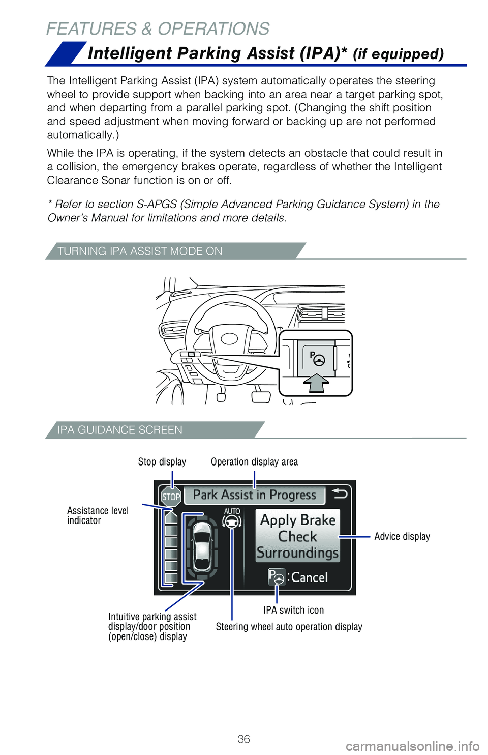 TOYOTA PRIUS PRIME 2019 (in English) Owners Guide 36
FEATURES & OPERATIONS
The Intelligent Parking Assist (IPA) system automatically operates the steering
wheel to provide support when backing into an area near a target parking\
spot,
and when dep TOYOTA PRIUS PRIME 2019 (in English) Owners Guide 36
FEATURES & OPERATIONS
The Intelligent Parking Assist (IPA) system automatically operates the steering
wheel to provide support when backing into an area near a target parking\
spot,
and when dep