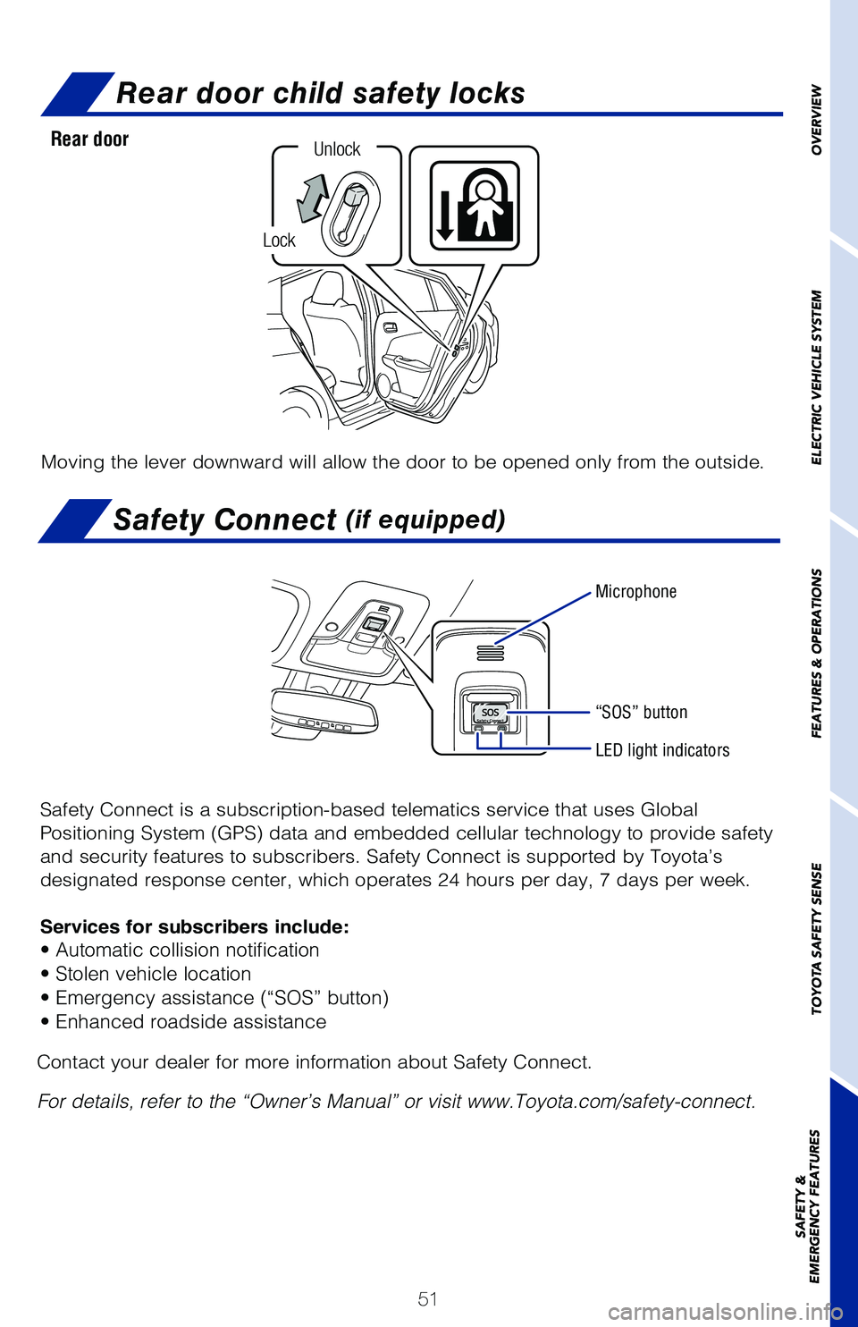 TOYOTA PRIUS PRIME 2019 (in English) Workshop Manual 51
OVERVIEW
ELECTRIC VEHICLE SYSTEM
FEATURES & OPERATIONS
TOYOTA SAFETY SENSE
SAFETY &
EMERGENCY FEATURES
Rear door child safety locks
Moving the lever downward will allow the door to be opened only TOYOTA PRIUS PRIME 2019 (in English) Workshop Manual 51
OVERVIEW
ELECTRIC VEHICLE SYSTEM
FEATURES & OPERATIONS
TOYOTA SAFETY SENSE
SAFETY &
EMERGENCY FEATURES
Rear door child safety locks
Moving the lever downward will allow the door to be opened only