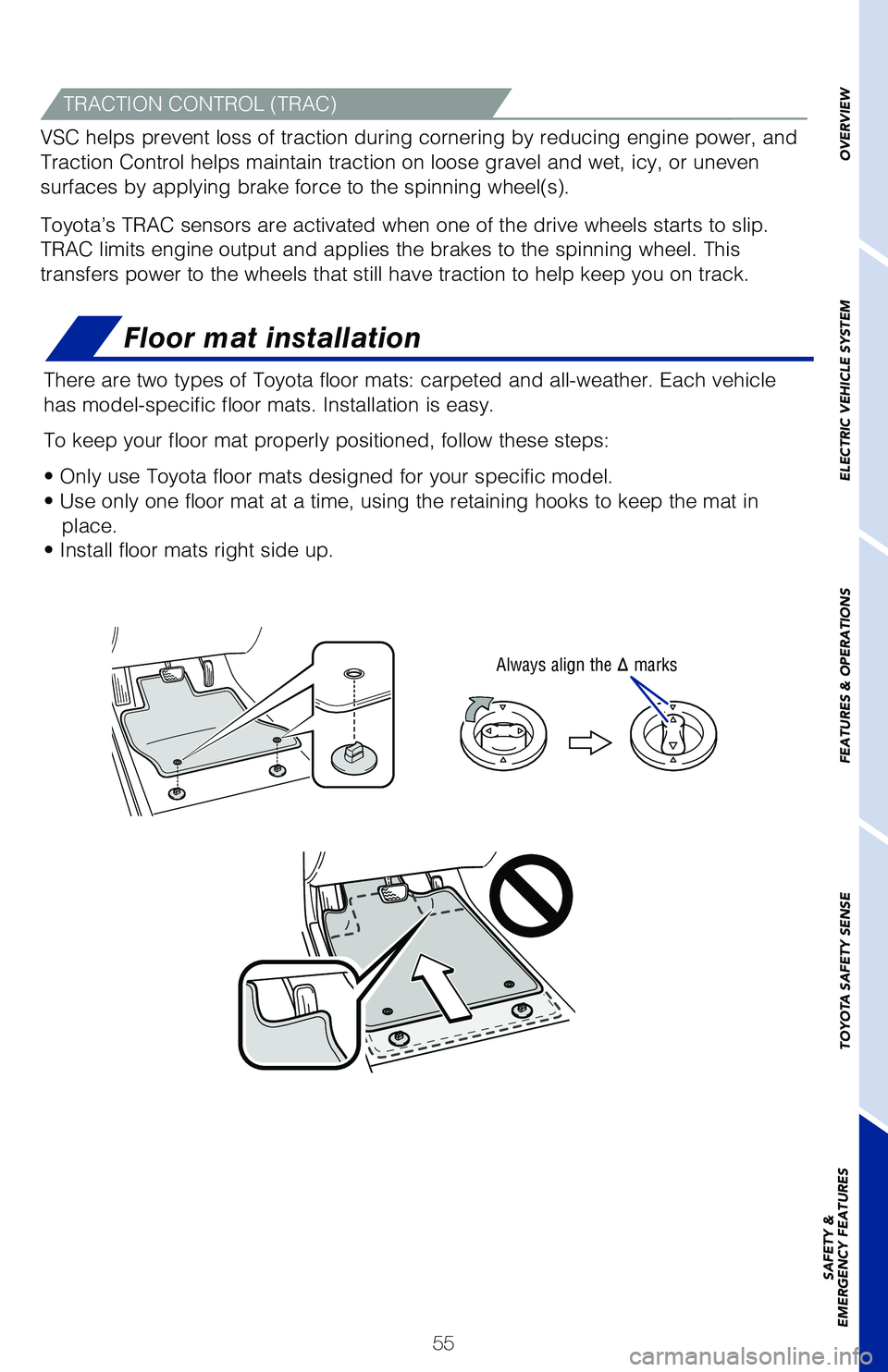 TOYOTA PRIUS PRIME 2019 (in English) Workshop Manual 55
OVERVIEW
ELECTRIC VEHICLE SYSTEM
FEATURES & OPERATIONS
TOYOTA SAFETY SENSE
SAFETY &
EMERGENCY FEATURES
Floor mat installation
There are two types of Toyota floor mats: carpeted and all-weather. E TOYOTA PRIUS PRIME 2019 (in English) Workshop Manual 55
OVERVIEW
ELECTRIC VEHICLE SYSTEM
FEATURES & OPERATIONS
TOYOTA SAFETY SENSE
SAFETY &
EMERGENCY FEATURES
Floor mat installation
There are two types of Toyota floor mats: carpeted and all-weather. E