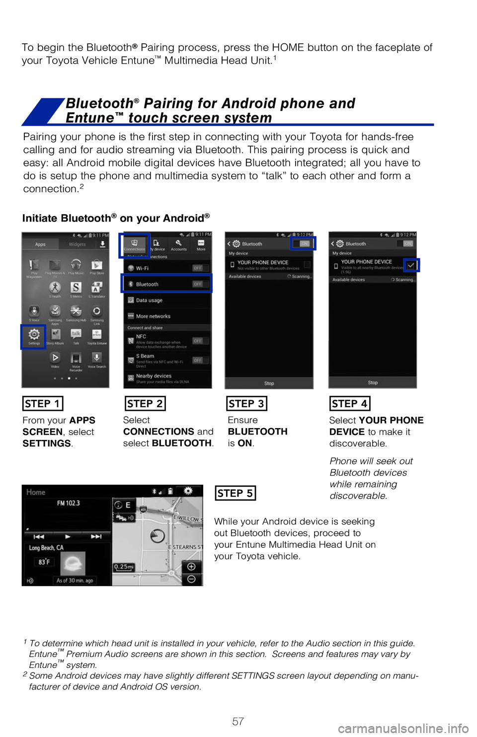 TOYOTA PRIUS PRIME 2019 (in English) Workshop Manual 57
Pairing your phone is the first step in connecting with your Toyota for \
hands-free
calling and for audio streaming via Bluetooth. This pairing process is q\
uick and
easy: all Android mobile di TOYOTA PRIUS PRIME 2019 (in English) Workshop Manual 57
Pairing your phone is the first step in connecting with your Toyota for \
hands-free
calling and for audio streaming via Bluetooth. This pairing process is q\
uick and
easy: all Android mobile di