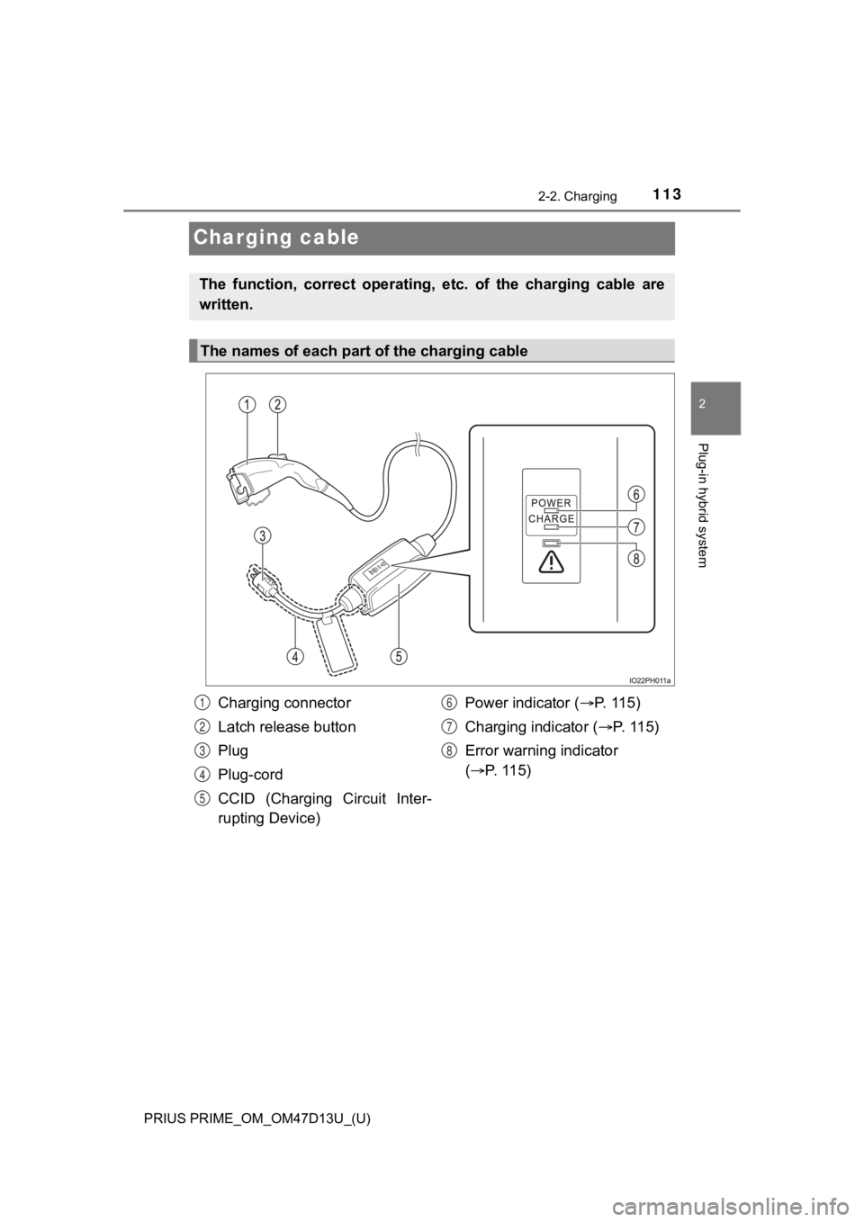 TOYOTA PRIUS PRIME 2019 Owners Manual (in English) 113
PRIUS PRIME_OM_OM47D13U_(U)
2-2. Charging
2
Plug-in hybrid system
Charging cable
The function, correct operating, etc. of the charging cable are
written.
The names of each part of the cha TOYOTA PRIUS PRIME 2019 Owners Manual (in English) 113
PRIUS PRIME_OM_OM47D13U_(U)
2-2. Charging
2
Plug-in hybrid system
Charging cable
The function, correct operating, etc. of the charging cable are
written.
The names of each part of the cha