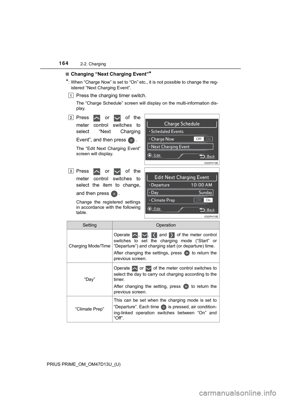 TOYOTA PRIUS PRIME 2019 Owners Manual (in English) 164
PRIUS PRIME_OM_OM47D13U_(U)
2-2. Charging
■Changing “Next Charging Event”*
*
: When “Charge Now” is set to “On” etc., it is not possible to c hange the reg-
istered “Next Charging TOYOTA PRIUS PRIME 2019 Owners Manual (in English) 164
PRIUS PRIME_OM_OM47D13U_(U)
2-2. Charging
■Changing “Next Charging Event”*
*
: When “Charge Now” is set to “On” etc., it is not possible to c hange the reg-
istered “Next Charging
