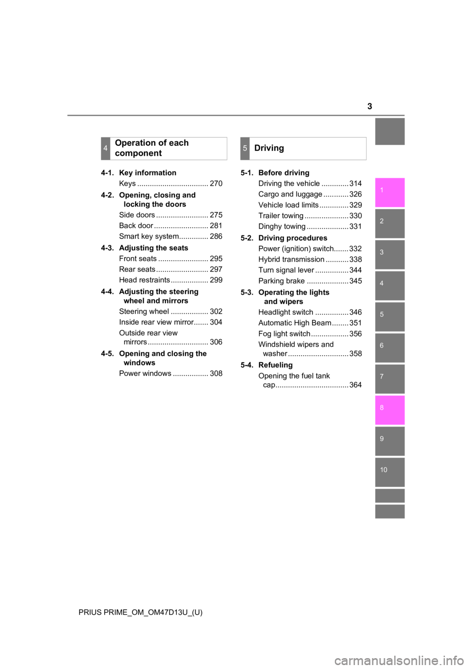 TOYOTA PRIUS PRIME 2019  Owners Manual (in English) 3
1
9 8
7
6 4 3
2
PRIUS PRIME_OM_OM47D13U_(U)
10
5
4-1. Key informationKeys .................................. 270
4-2. Opening, closing and  locking the doors
Side doors ......................... 275