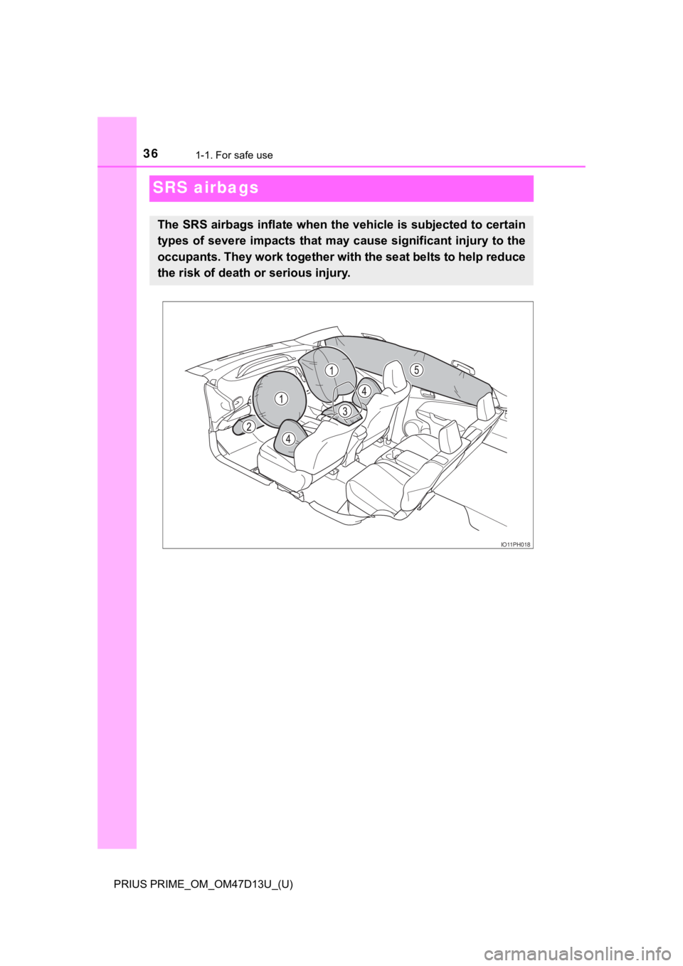TOYOTA PRIUS PRIME 2019   (in English) Owners Guide 361-1. For safe use
PRIUS PRIME_OM_OM47D13U_(U)
SRS airbags
The SRS airbags inflate when the vehicle is subjected to certain
types of severe impacts that may cause significant injury to th e
occupants