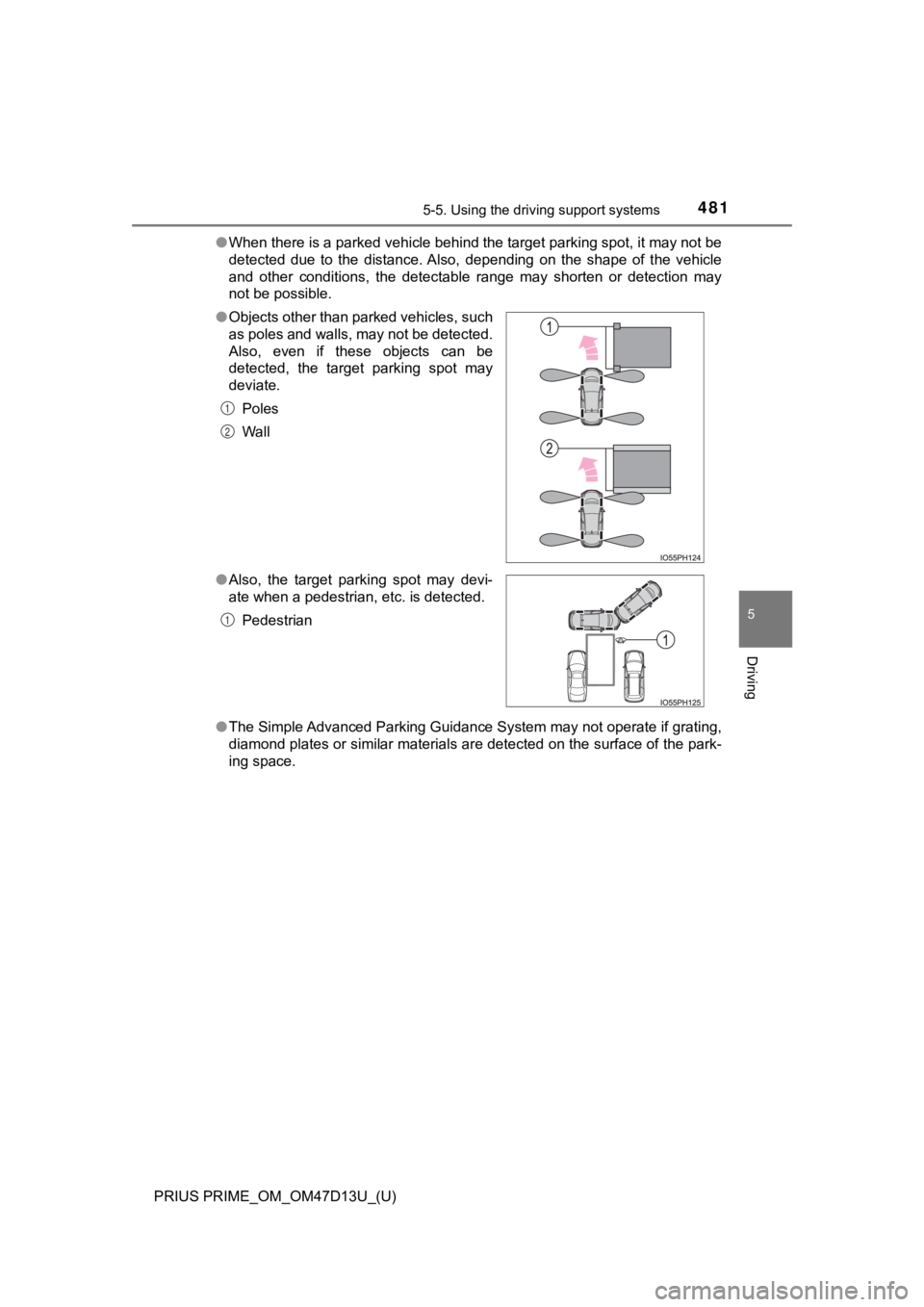 TOYOTA PRIUS PRIME 2019 Owners Manual (in English) PRIUS PRIME_OM_OM47D13U_(U)
4815-5. Using the driving support systems
5
Driving
●When there is a parked vehicle behind the target parking spot, it may not be
detected due to the distance. Also, TOYOTA PRIUS PRIME 2019 Owners Manual (in English) PRIUS PRIME_OM_OM47D13U_(U)
4815-5. Using the driving support systems
5
Driving
●When there is a parked vehicle behind the target parking spot, it may not be
detected due to the distance. Also,