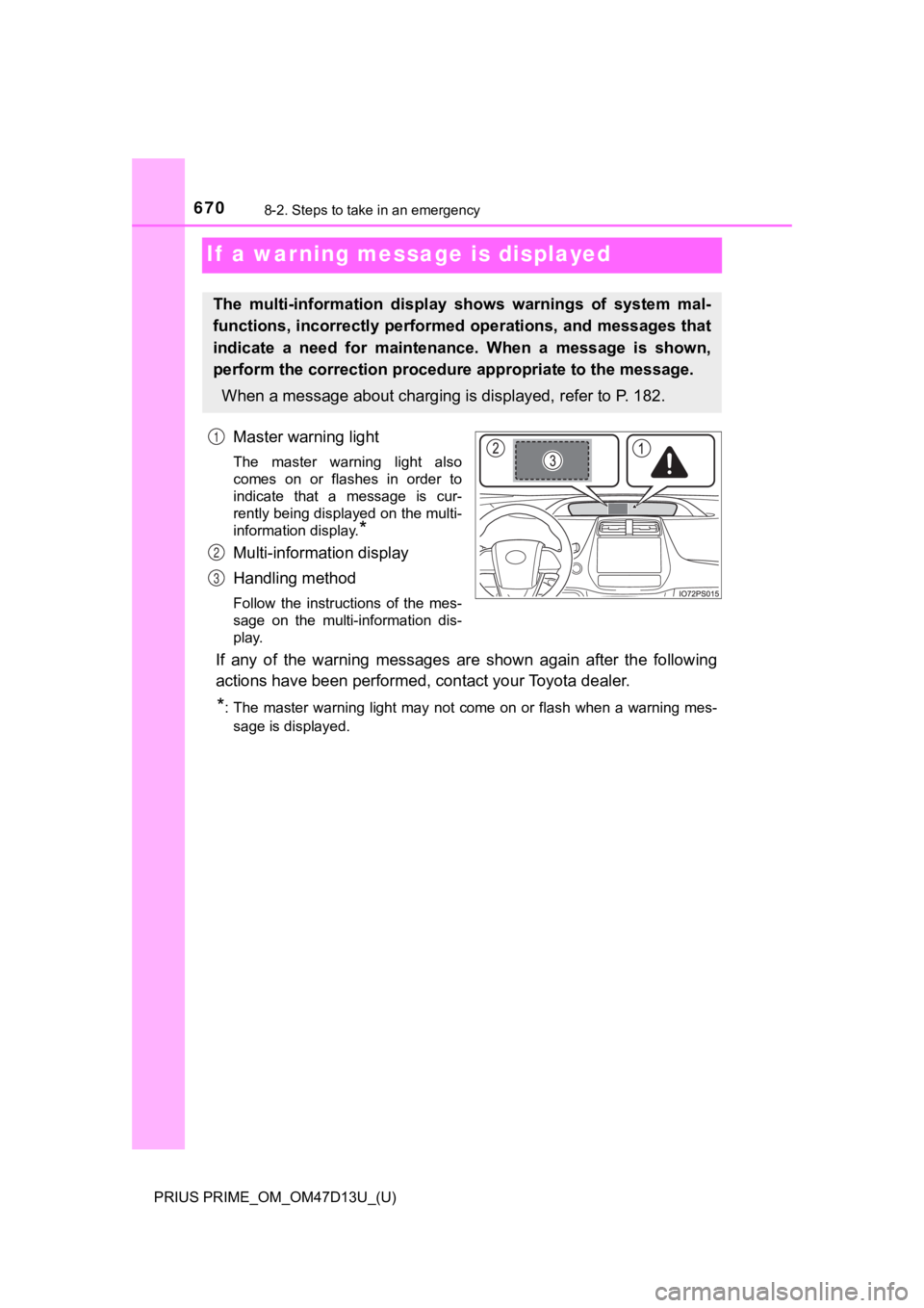 TOYOTA PRIUS PRIME 2019 Owners Manual (in English) 670
PRIUS PRIME_OM_OM47D13U_(U)
8-2. Steps to take in an emergency
If a warning message is displayed
Master warning light
The master warning light also
comes on or flashes in order to
indic TOYOTA PRIUS PRIME 2019 Owners Manual (in English) 670
PRIUS PRIME_OM_OM47D13U_(U)
8-2. Steps to take in an emergency
If a warning message is displayed
Master warning light
The master warning light also
comes on or flashes in order to
indic