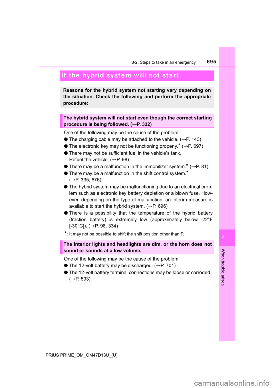 TOYOTA PRIUS PRIME 2019 Owners Manual (in English) 695
PRIUS PRIME_OM_OM47D13U_(U)
8
When trouble arises
8-2. Steps to take in an emergency
If the hybrid system will not start
One of the following may be the cause of the problem:
● The charging cab TOYOTA PRIUS PRIME 2019 Owners Manual (in English) 695
PRIUS PRIME_OM_OM47D13U_(U)
8
When trouble arises
8-2. Steps to take in an emergency
If the hybrid system will not start
One of the following may be the cause of the problem:
● The charging cab