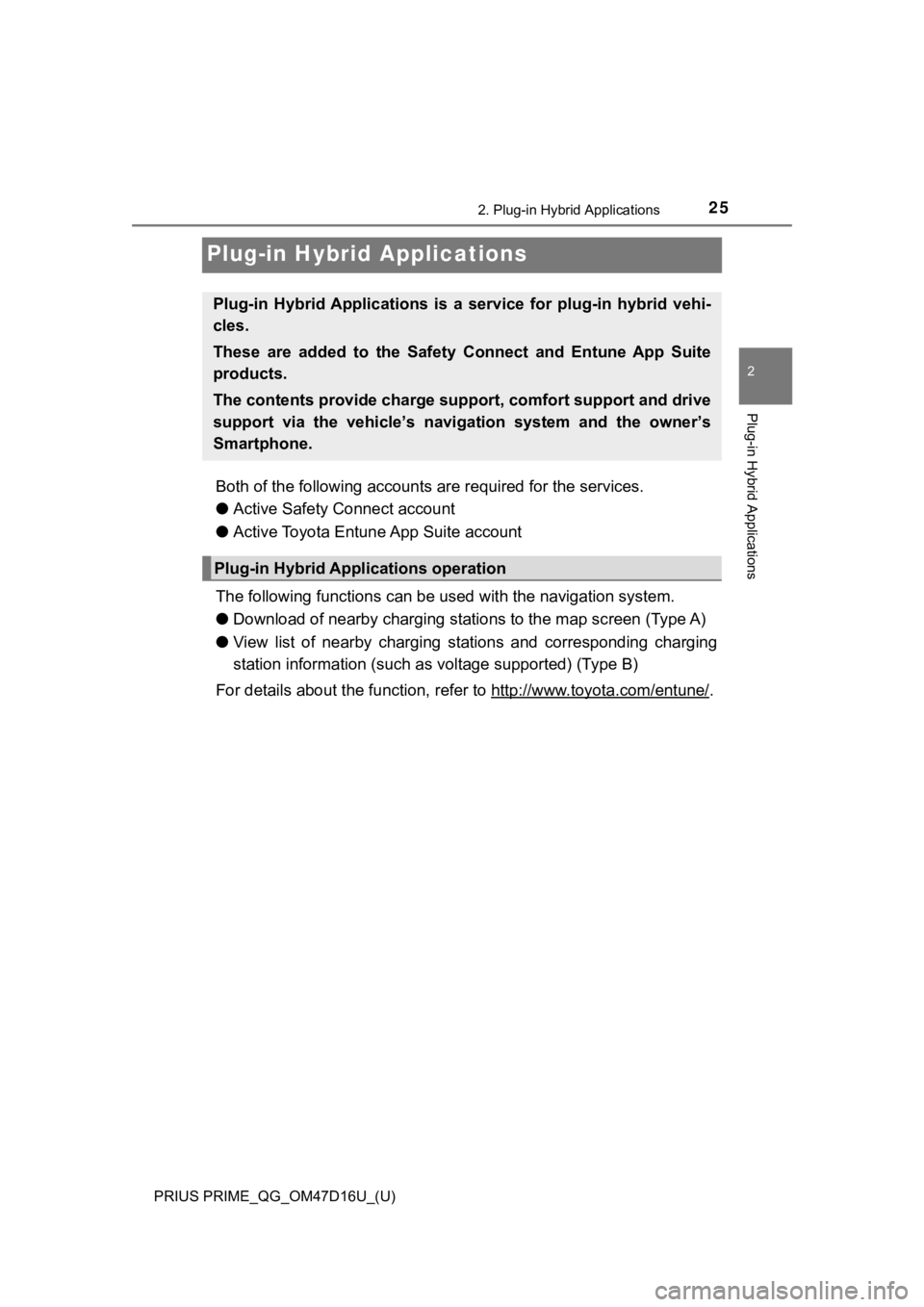 TOYOTA PRIUS PRIME 2019   (in English) Owners Manual 25
PRIUS PRIME_QG_OM47D16U_(U)
2. Plug-in Hybrid Applications
2
Plug-in Hybrid Applications
Plug-in Hybrid Applications
Both of the following accounts are required for the services.
●Active Safety C