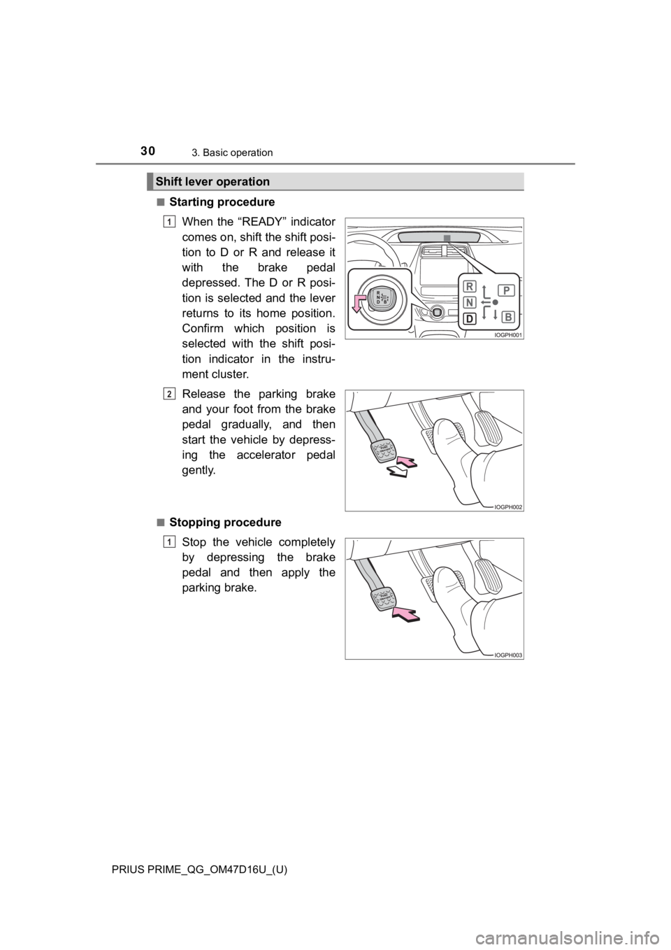 TOYOTA PRIUS PRIME 2019   (in English) Owners Manual 30
PRIUS PRIME_QG_OM47D16U_(U)
3. Basic operation
■Starting procedure
When  the  “READY”  indicator
comes on, shift the shift posi-
tion  to  D  or  R  and  release  it
with  the  brake  pedal
d