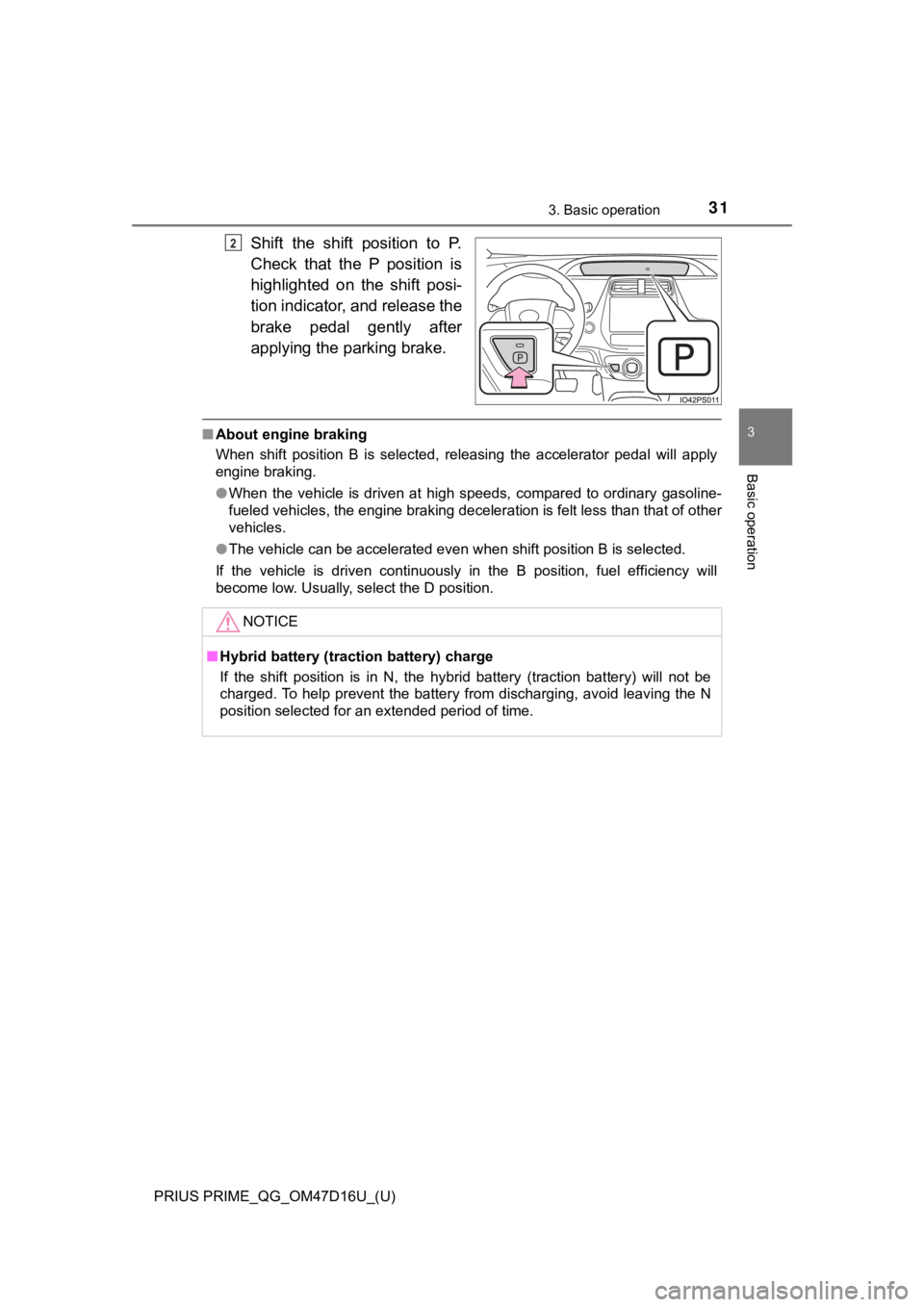 TOYOTA PRIUS PRIME 2019 (in English) Owners Guide PRIUS PRIME_QG_OM47D16U_(U)
313. Basic operation
3
Basic operation
Shift the shift position to P.
Check that the P position is
highlighted on the shift posi-
tion indicator, and release TOYOTA PRIUS PRIME 2019 (in English) Owners Guide PRIUS PRIME_QG_OM47D16U_(U)
313. Basic operation
3
Basic operation
Shift the shift position to P.
Check that the P position is
highlighted on the shift posi-
tion indicator, and release