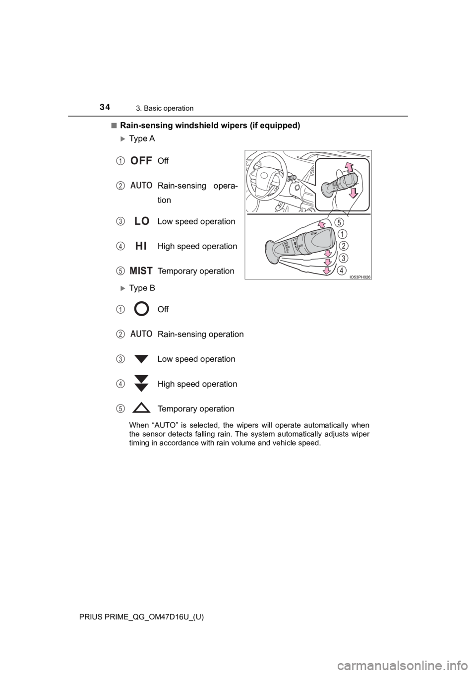 TOYOTA PRIUS PRIME 2019 (in English) Owners Guide 34
PRIUS PRIME_QG_OM47D16U_(U)
3. Basic operation
■Rain-sensing windshield wipers (if equipped)
Ty p e A
Off
Rain-sensing opera-
tion
Low speed operation
High speed operation
Temporary operatio TOYOTA PRIUS PRIME 2019 (in English) Owners Guide 34
PRIUS PRIME_QG_OM47D16U_(U)
3. Basic operation
■Rain-sensing windshield wipers (if equipped)
Ty p e A
Off
Rain-sensing opera-
tion
Low speed operation
High speed operation
Temporary operatio
