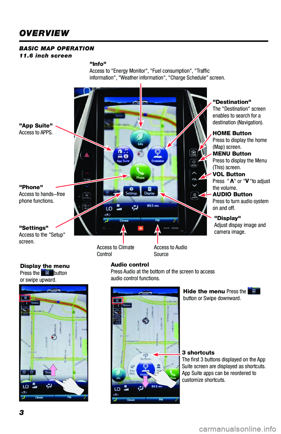 TOYOTA PRIUS PRIME 2019  Accessories, Audio & Navigation (in English) 3
BASIC MAP OPERATION
11.6 inch screen
"Info"
Access to "Energy Monitor", "Fuel consumption", "Traffic 
information", "Weather information", "Charge Schedul