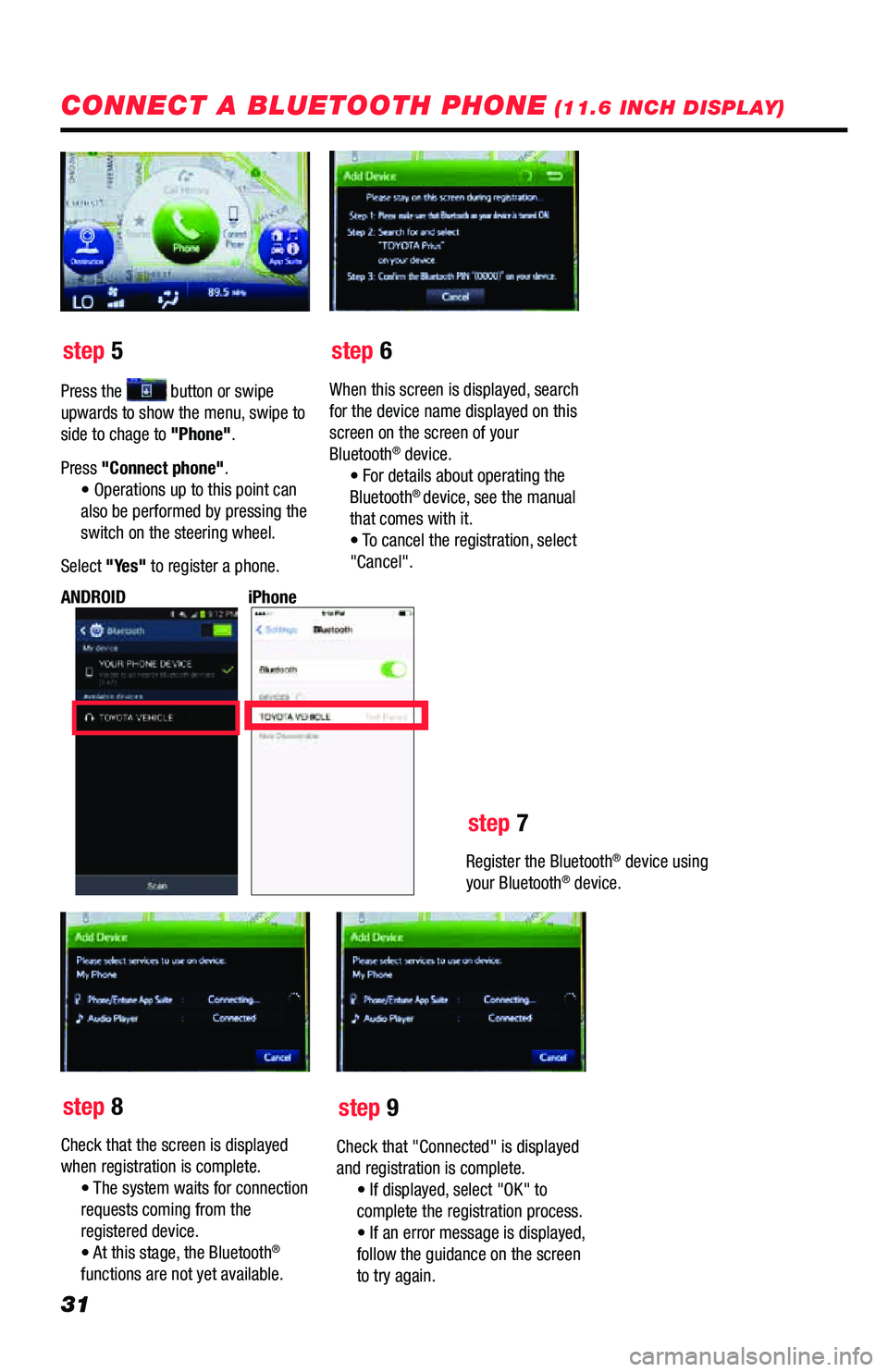 TOYOTA PRIUS PRIME 2019 Accessories, Audio & Navigation (in English) 31
step 5step 6
step 7
step 8 step 9
Press the button or swipe
upwards to show the menu, swipe to
side to chage to "Phone".
Press "Connect phone". • Operations up to this point c TOYOTA PRIUS PRIME 2019 Accessories, Audio & Navigation (in English) 31
step 5step 6
step 7
step 8 step 9
Press the button or swipe
upwards to show the menu, swipe to
side to chage to "Phone".
Press "Connect phone". • Operations up to this point c