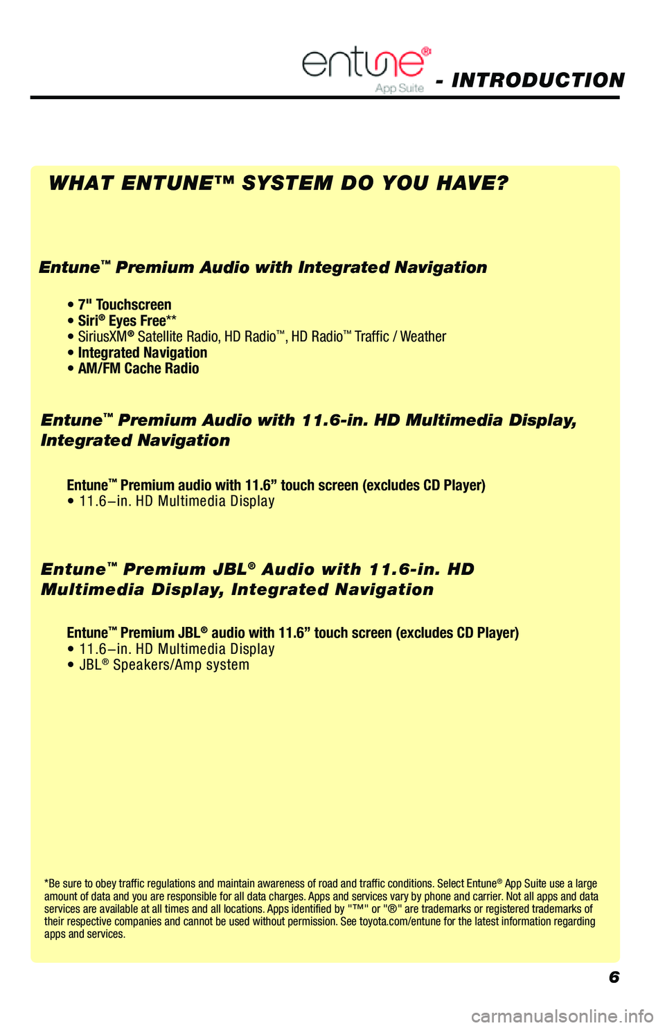 TOYOTA PRIUS PRIME 2019  Accessories, Audio & Navigation (in English) 6
*Be sure to obey traffic regulations and maintain awareness of road and traffic conditions. Select Entune® App Suite use a large 
amount of data and you are responsible for all data charges. Apps a