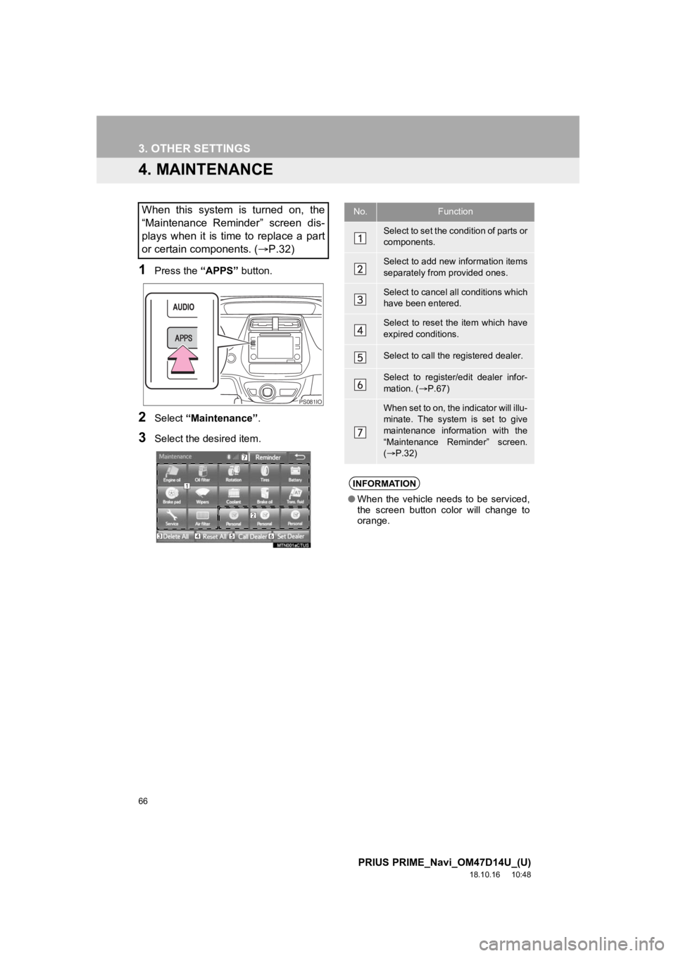 TOYOTA PRIUS PRIME 2019  Accessories, Audio & Navigation (in English) 66
3. OTHER SETTINGS
PRIUS PRIME_Navi_OM47D14U_(U)
18.10.16     10:48
4. MAINTENANCE
1Press the “APPS” button.
2Select “Maintenance” .
3Select the desired item.
When  this  system  is  turned 