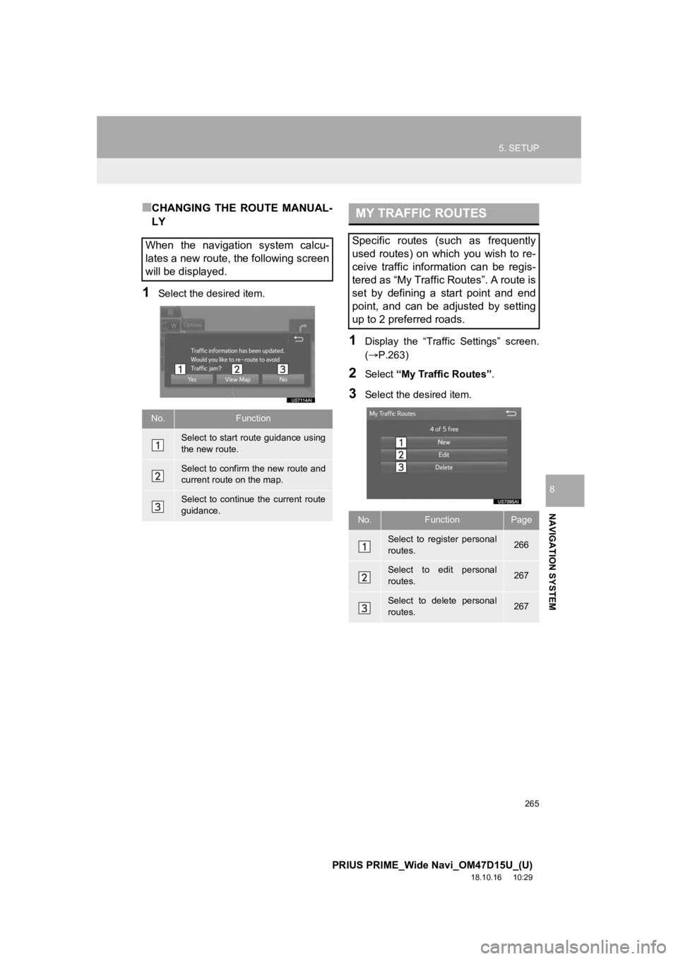 TOYOTA PRIUS PRIME 2019 Accessories, Audio & Navigation (in English) 265
5. SETUP
PRIUS PRIME_Wide Navi_OM47D15U_(U)
18.10.16 10:29
NAVIGATION SYSTEM
8
■CHANGING THE ROUTE MANUAL-
LY
1Select the desired item.
1Display the “Traffic Settings” screen.
( TOYOTA PRIUS PRIME 2019 Accessories, Audio & Navigation (in English) 265
5. SETUP
PRIUS PRIME_Wide Navi_OM47D15U_(U)
18.10.16 10:29
NAVIGATION SYSTEM
8
■CHANGING THE ROUTE MANUAL-
LY
1Select the desired item.
1Display the “Traffic Settings” screen.
(