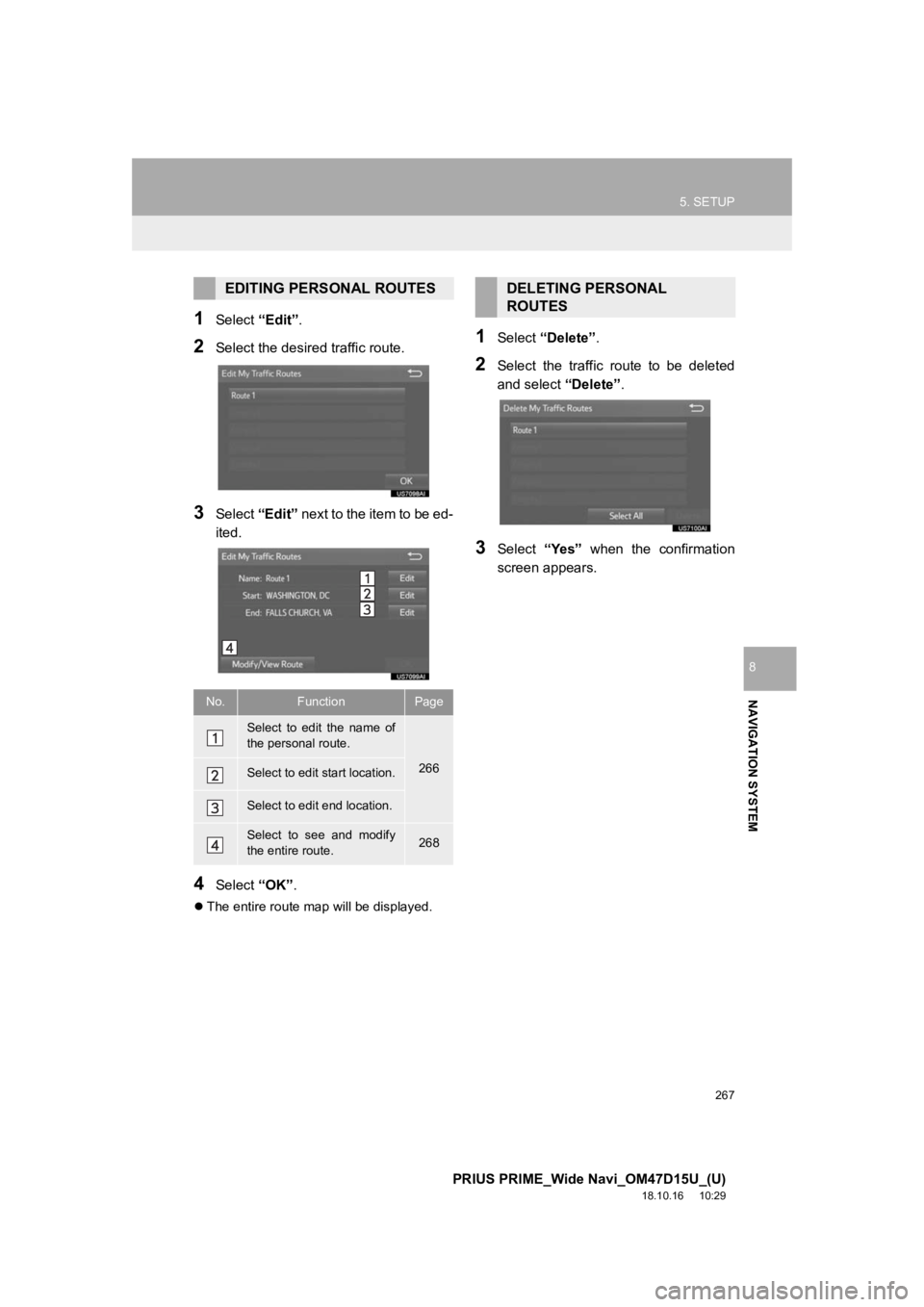 TOYOTA PRIUS PRIME 2019 Accessories, Audio & Navigation (in English) 267
5. SETUP
PRIUS PRIME_Wide Navi_OM47D15U_(U)
18.10.16 10:29
NAVIGATION SYSTEM
8
1Select “Edit”.
2Select the desir ed traffic route.
3Select “Edit” next to the item to be ed-
ited.
4Sele TOYOTA PRIUS PRIME 2019 Accessories, Audio & Navigation (in English) 267
5. SETUP
PRIUS PRIME_Wide Navi_OM47D15U_(U)
18.10.16 10:29
NAVIGATION SYSTEM
8
1Select “Edit”.
2Select the desir ed traffic route.
3Select “Edit” next to the item to be ed-
ited.
4Sele