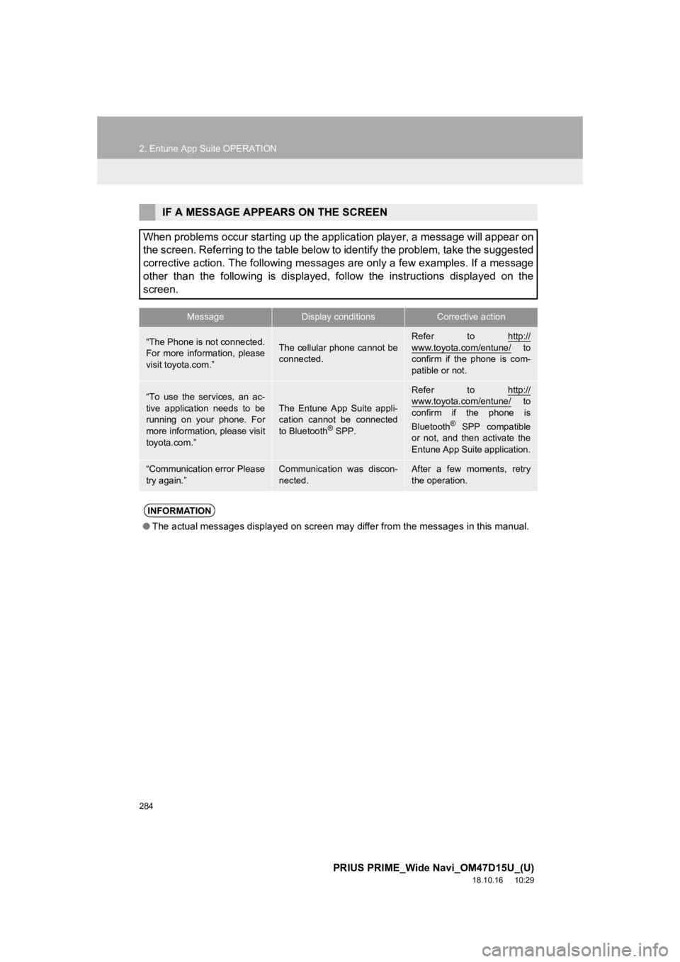 TOYOTA PRIUS PRIME 2019 Accessories, Audio & Navigation (in English) 284
2. Entune App Suite OPERATION
PRIUS PRIME_Wide Navi_OM47D15U_(U)
18.10.16 10:29
IF A MESSAGE APPEARS ON THE SCREEN
When problems occur starting up the application player, a messa ge will appea TOYOTA PRIUS PRIME 2019 Accessories, Audio & Navigation (in English) 284
2. Entune App Suite OPERATION
PRIUS PRIME_Wide Navi_OM47D15U_(U)
18.10.16 10:29
IF A MESSAGE APPEARS ON THE SCREEN
When problems occur starting up the application player, a messa ge will appea