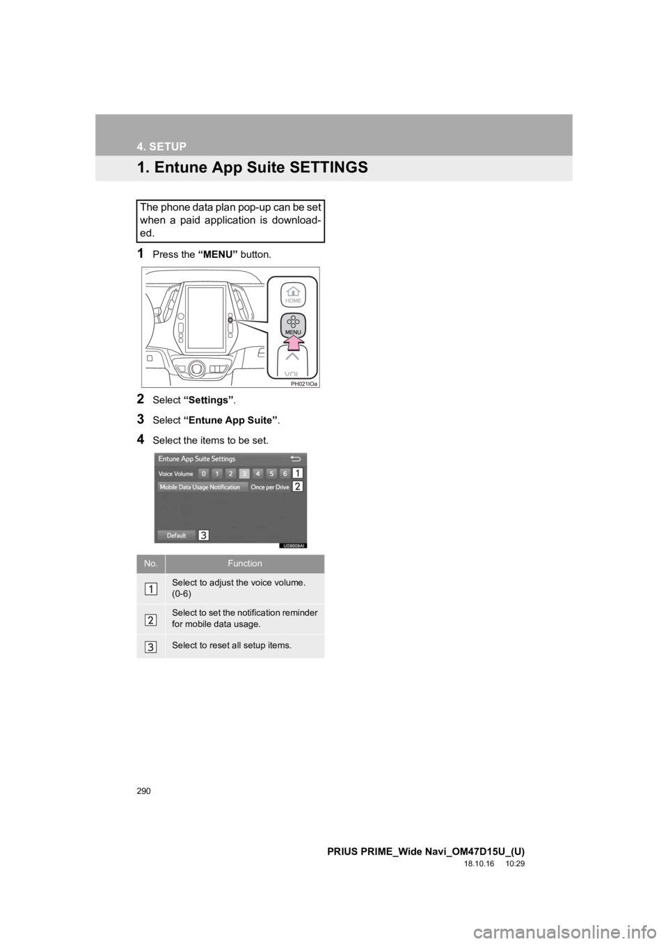 TOYOTA PRIUS PRIME 2019 Accessories, Audio & Navigation (in English) 290
PRIUS PRIME_Wide Navi_OM47D15U_(U)
18.10.16 10:29
4. SETUP
1. Entune App Suite SETTINGS
1Press the “MENU” button.
2Select “Settings” .
3Select “Entune App Suite” .
4Select the item TOYOTA PRIUS PRIME 2019 Accessories, Audio & Navigation (in English) 290
PRIUS PRIME_Wide Navi_OM47D15U_(U)
18.10.16 10:29
4. SETUP
1. Entune App Suite SETTINGS
1Press the “MENU” button.
2Select “Settings” .
3Select “Entune App Suite” .
4Select the item