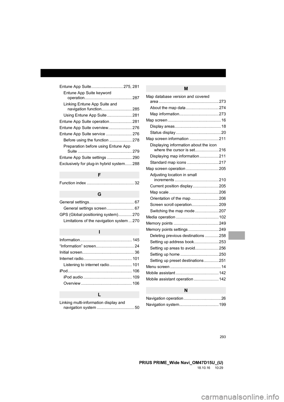 TOYOTA PRIUS PRIME 2019 Accessories, Audio & Navigation (in English) 293
PRIUS PRIME_Wide Navi_OM47D15U_(U)
18.10.16 10:29
Entune App Suite ............................ 275, 281Entune App Suite keyword operation.......................................... 287
Linking TOYOTA PRIUS PRIME 2019 Accessories, Audio & Navigation (in English) 293
PRIUS PRIME_Wide Navi_OM47D15U_(U)
18.10.16 10:29
Entune App Suite ............................ 275, 281Entune App Suite keyword operation.......................................... 287
Linking