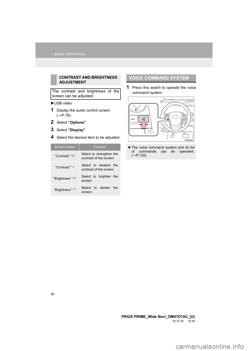 TOYOTA PRIUS PRIME 2019  Accessories, Audio & Navigation (in English) 84
1. BASIC OPERATION
PRIUS PRIME_Wide Navi_OM47D15U_(U)
18.10.16     10:29
USB video
1Display the audio  control screen. 
(P.78)
2Select  “Options”.
3Select “Display”.
4Select the desir