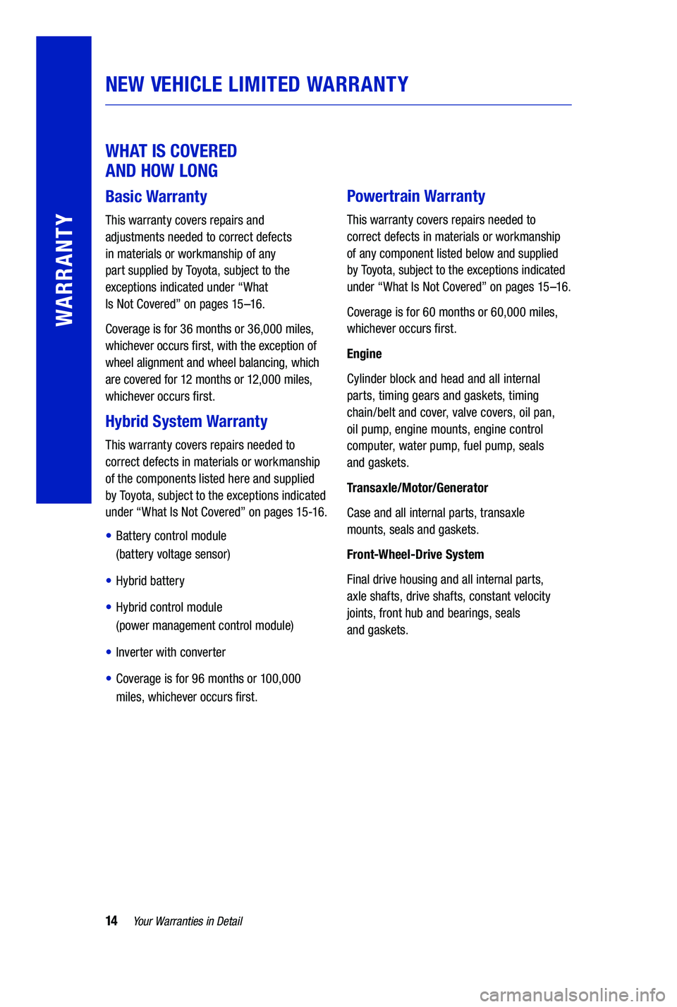 TOYOTA PRIUS PRIME 2019  Warranties & Maintenance Guides (in English) 14Your Warranties in Detail
WARRANTY
 
WHAT IS COVERED  
AND HOW LONG
Basic Warranty
This warranty covers repairs and   
adjustments needed to correct defects   
in materials or workmanship of any   
