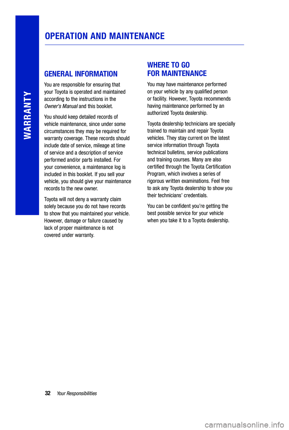 TOYOTA PRIUS PRIME 2019 Warranties & Maintenance Guides (in English) 32Your Responsibilities
WARRANTY
OPERATION AND MAINTENANCE
GENERAL INFORMATION
You are responsible for ensuring that
your Toyota is operated and maintained
according to the instructions in the TOYOTA PRIUS PRIME 2019 Warranties & Maintenance Guides (in English) 32Your Responsibilities
WARRANTY
OPERATION AND MAINTENANCE
GENERAL INFORMATION
You are responsible for ensuring that
your Toyota is operated and maintained
according to the instructions in the