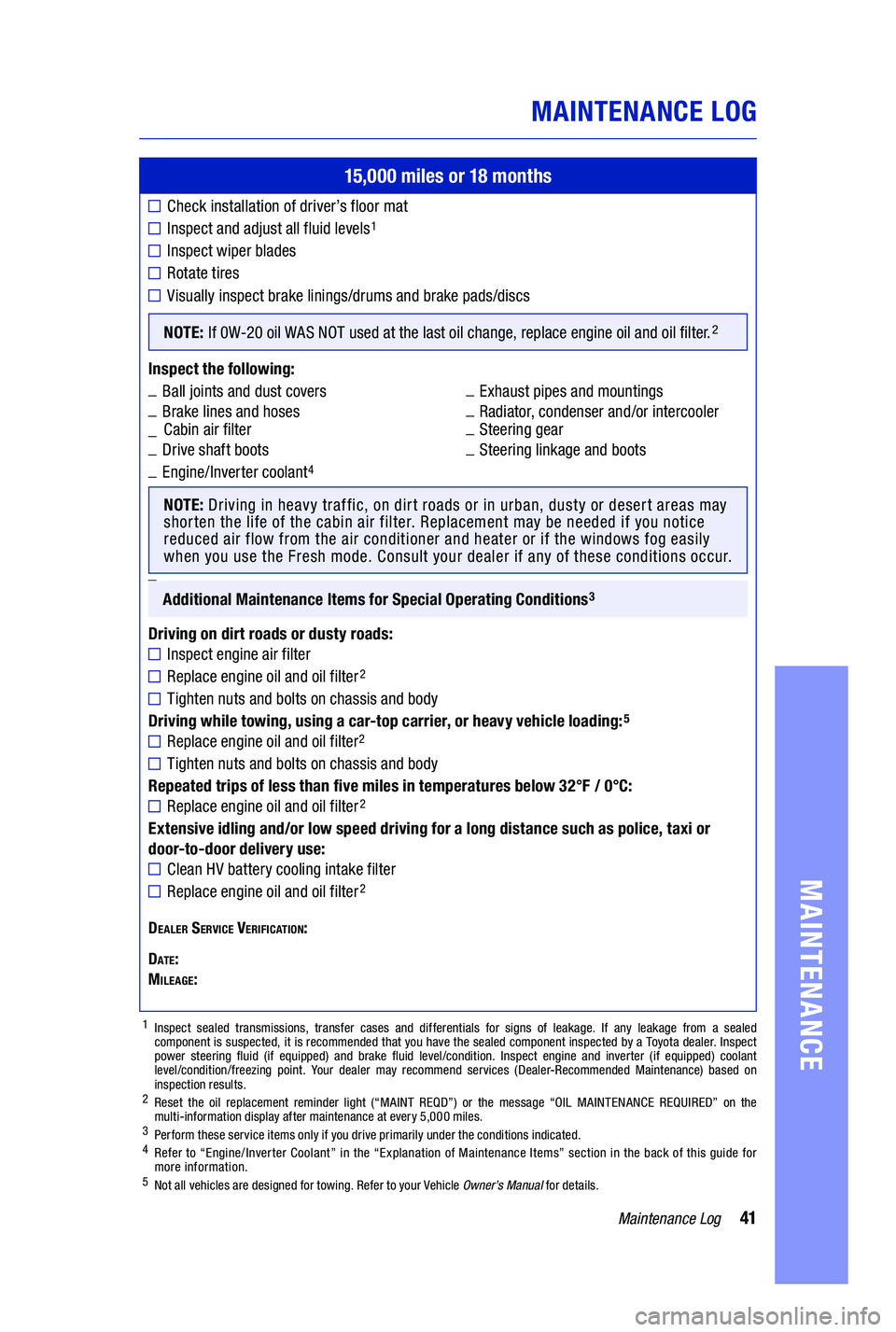 TOYOTA PRIUS PRIME 2019 Warranties & Maintenance Guides (in English) 41Maintenance Log
MAINTENANCE LOG
MAINTENANCE
15,000 miles or 18 months
Check installation of driver’s floor mat
Inspect and adjust all fluid levels1
Inspect wiper blades
Rotate tires
Visually insp TOYOTA PRIUS PRIME 2019 Warranties & Maintenance Guides (in English) 41Maintenance Log
MAINTENANCE LOG
MAINTENANCE
15,000 miles or 18 months
Check installation of driver’s floor mat
Inspect and adjust all fluid levels1
Inspect wiper blades
Rotate tires
Visually insp