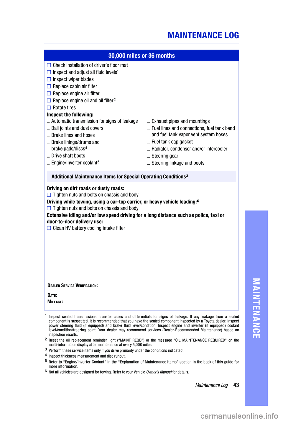 TOYOTA PRIUS PRIME 2019 Warranties & Maintenance Guides (in English) 43Maintenance Log
MAINTENANCE LOG
MAINTENANCE
30,000 miles or 36 months
Check installation of driver’s floor mat
Inspect and adjust all fluid levels1
Inspect wiper blades
Replace cabin air filter
Re TOYOTA PRIUS PRIME 2019 Warranties & Maintenance Guides (in English) 43Maintenance Log
MAINTENANCE LOG
MAINTENANCE
30,000 miles or 36 months
Check installation of driver’s floor mat
Inspect and adjust all fluid levels1
Inspect wiper blades
Replace cabin air filter
Re