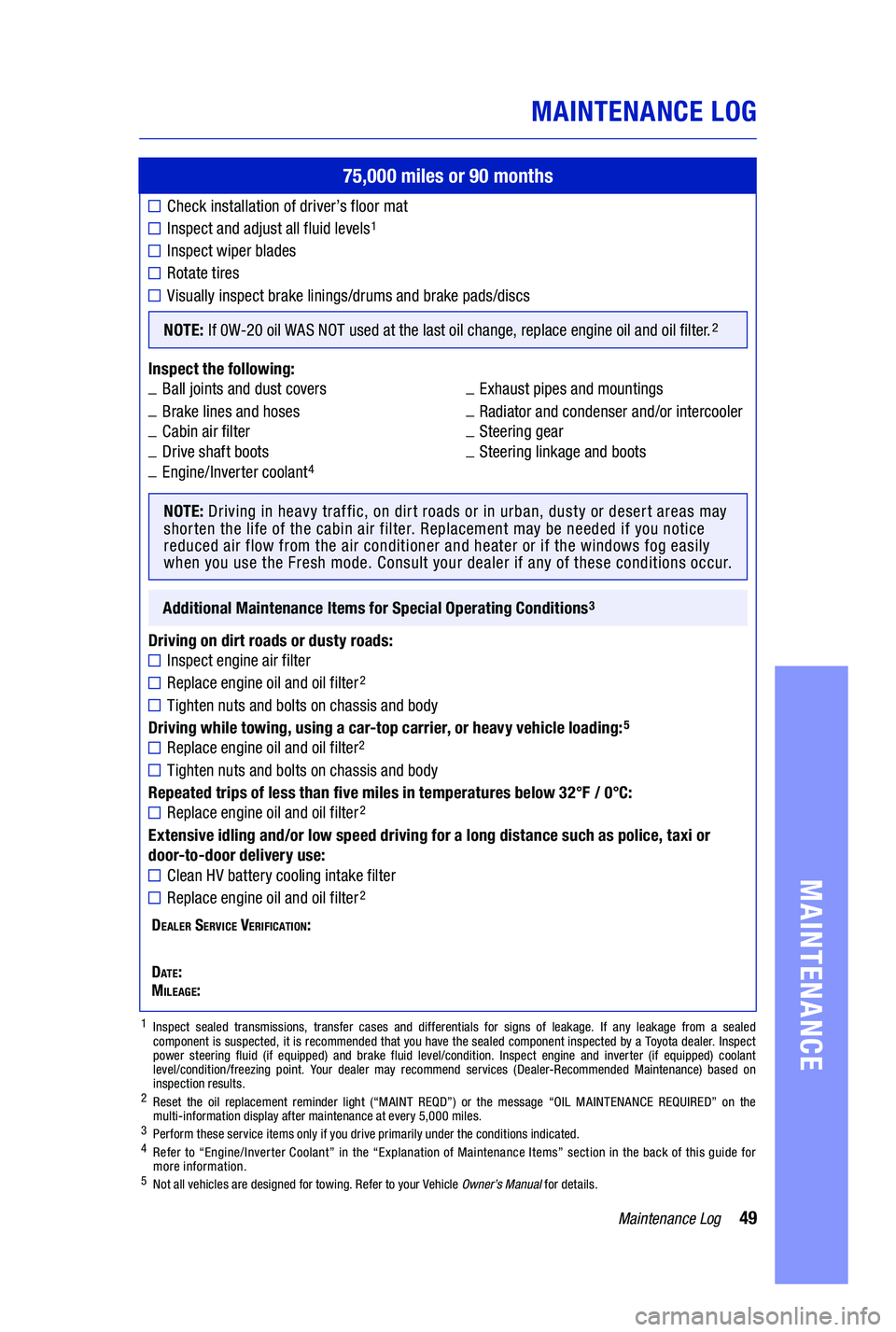 TOYOTA PRIUS PRIME 2019 Warranties & Maintenance Guides (in English) 49Maintenance Log
75,000 miles or 90 months
Check installation of driver’s floor mat
Inspect and adjust all fluid levels1
Inspect wiper blades
Rotate tires
Visually inspect brake linings/drums and TOYOTA PRIUS PRIME 2019 Warranties & Maintenance Guides (in English) 49Maintenance Log
75,000 miles or 90 months
Check installation of driver’s floor mat
Inspect and adjust all fluid levels1
Inspect wiper blades
Rotate tires
Visually inspect brake linings/drums and