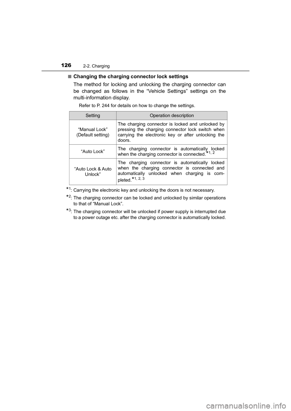TOYOTA PRIUS PRIME 2020 Owners Manual (in English) 126
PRIUS PRIME_OM_OM47C77U_(U)
2-2. Charging
■Changing the charging connector lock settings
The method for locking and unlocking the charging connector can
be changed as follows in th TOYOTA PRIUS PRIME 2020 Owners Manual (in English) 126
PRIUS PRIME_OM_OM47C77U_(U)
2-2. Charging
■Changing the charging connector lock settings
The method for locking and unlocking the charging connector can
be changed as follows in th