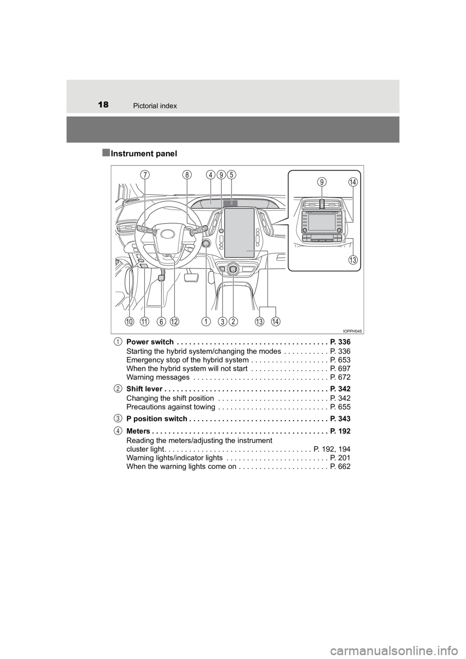 TOYOTA PRIUS PRIME 2020  Owners Manual (in English) 18Pictorial index
PRIUS PRIME_OM_OM47C77U_(U)
■Instrument panel
Power switch  . . . . . . . . . . . . . . . . . . . . . . . . . . . . . . . . . . . . .  P. 336
Starting the hybrid system/changing th