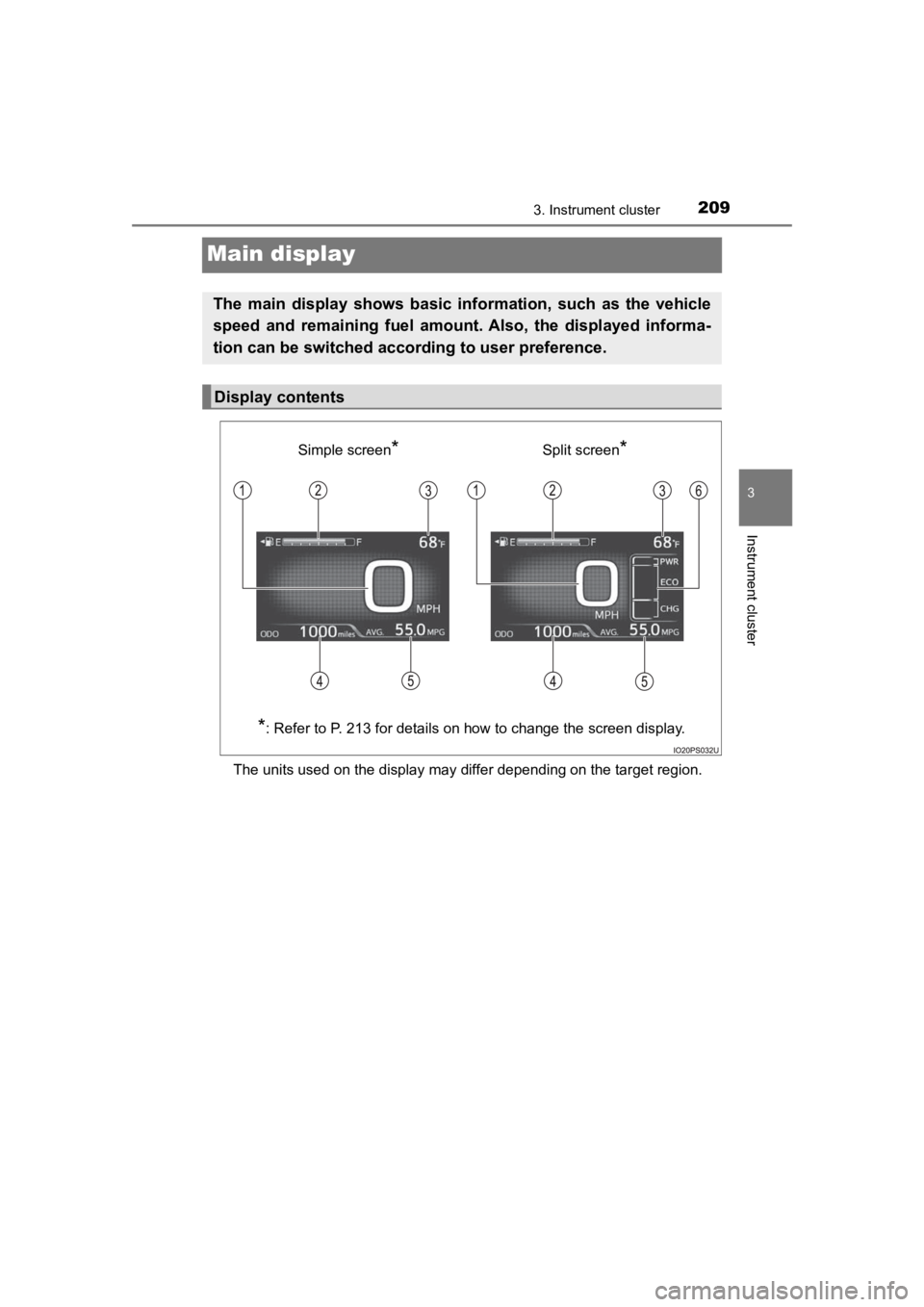TOYOTA PRIUS PRIME 2020 Owners Manual (in English) 209
PRIUS PRIME_OM_OM47C77U_(U)
3. Instrument cluster
3
Instrument cluster
Main display
The units used on the display may differ depending on the target region.
The main display shows basic infor TOYOTA PRIUS PRIME 2020 Owners Manual (in English) 209
PRIUS PRIME_OM_OM47C77U_(U)
3. Instrument cluster
3
Instrument cluster
Main display
The units used on the display may differ depending on the target region.
The main display shows basic infor
