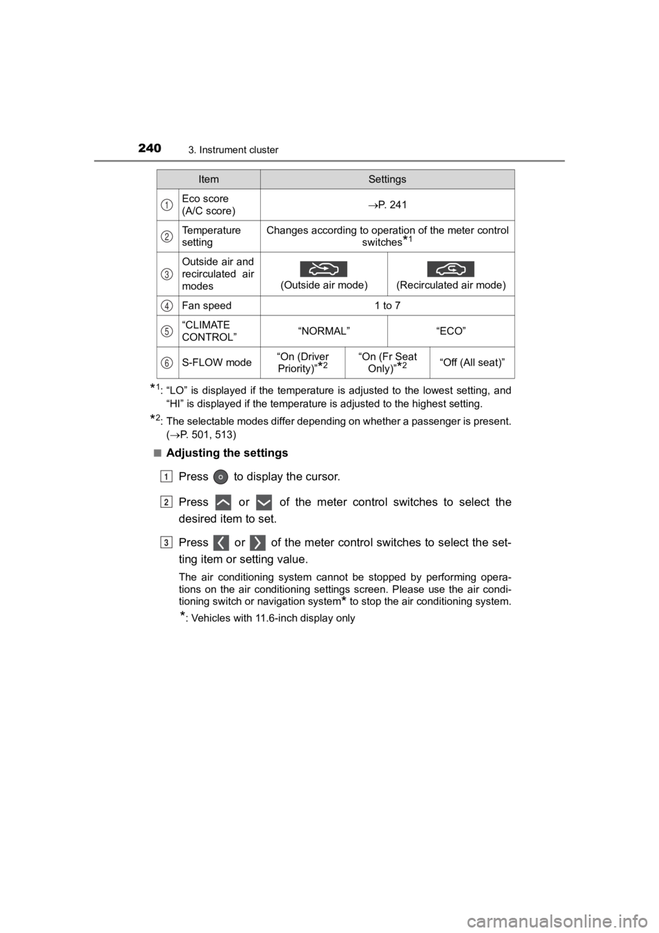 TOYOTA PRIUS PRIME 2020 Owners Manual (in English) 240
PRIUS PRIME_OM_OM47C77U_(U)
3. Instrument cluster
*1: “LO” is displayed if the temperature is adjusted to the lowest setting, and
“HI” is displayed if the temperature is adjust TOYOTA PRIUS PRIME 2020 Owners Manual (in English) 240
PRIUS PRIME_OM_OM47C77U_(U)
3. Instrument cluster
*1: “LO” is displayed if the temperature is adjusted to the lowest setting, and
“HI” is displayed if the temperature is adjust