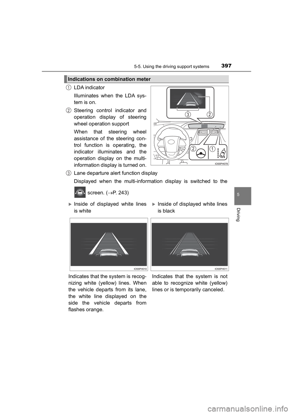TOYOTA PRIUS PRIME 2020  Owners Manual (in English) PRIUS PRIME_OM_OM47C77U_(U)
3975-5. Using the driving support systems
5
Driving
LDA indicator
Illuminates  when  the  LDA  sys-
tem is on.
Steering  control  indicator  and
operation  display  of  ste