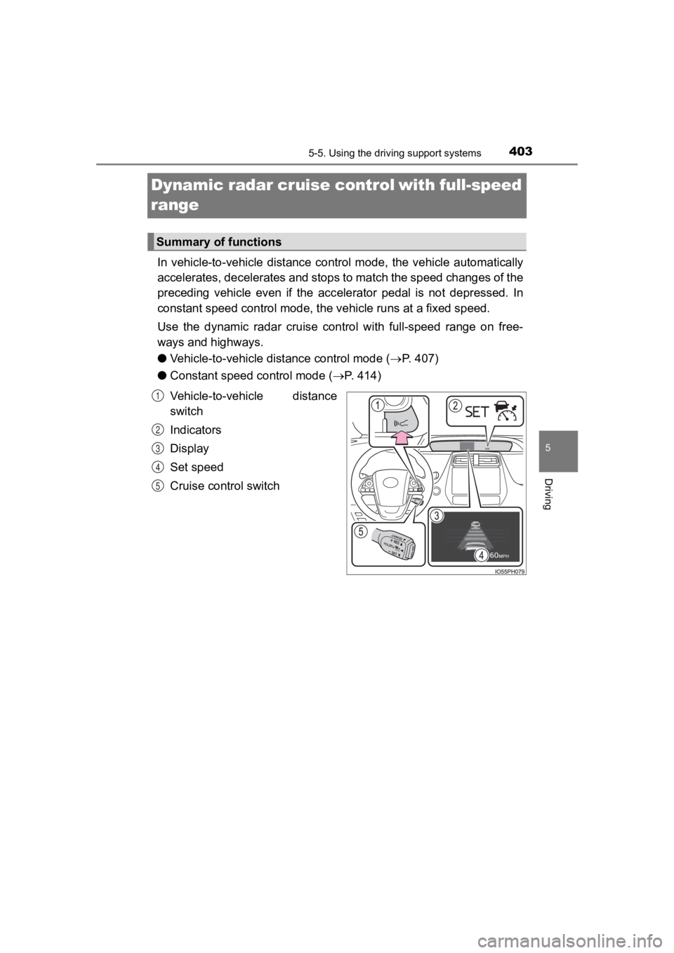 TOYOTA PRIUS PRIME 2020  Owners Manual (in English) 403
PRIUS PRIME_OM_OM47C77U_(U)
5-5. Using the driving support systems
5
Driving
Dynamic radar cruise controlwith full-speed 
range
In  vehicle-to-vehicle  distance  control  mode,  the  vehicle  a
