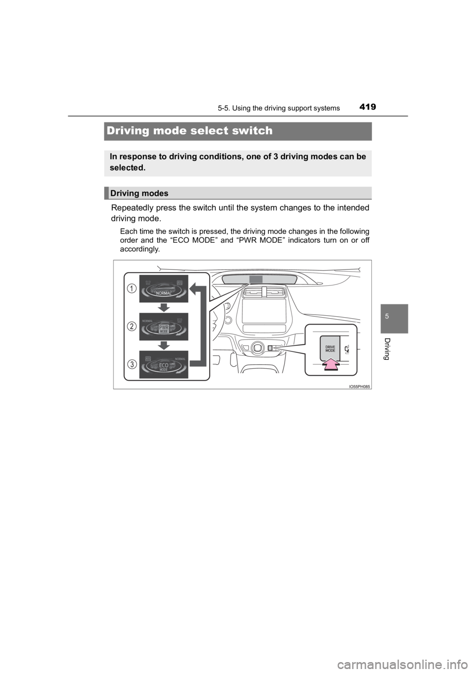 TOYOTA PRIUS PRIME 2020  Owners Manual (in English) 419
PRIUS PRIME_OM_OM47C77U_(U)
5-5. Using the driving support systems
5
Driving
Driving mode select switch
Repeatedly press the switch unt il the system changes to the intended
driving mode.
Each tim