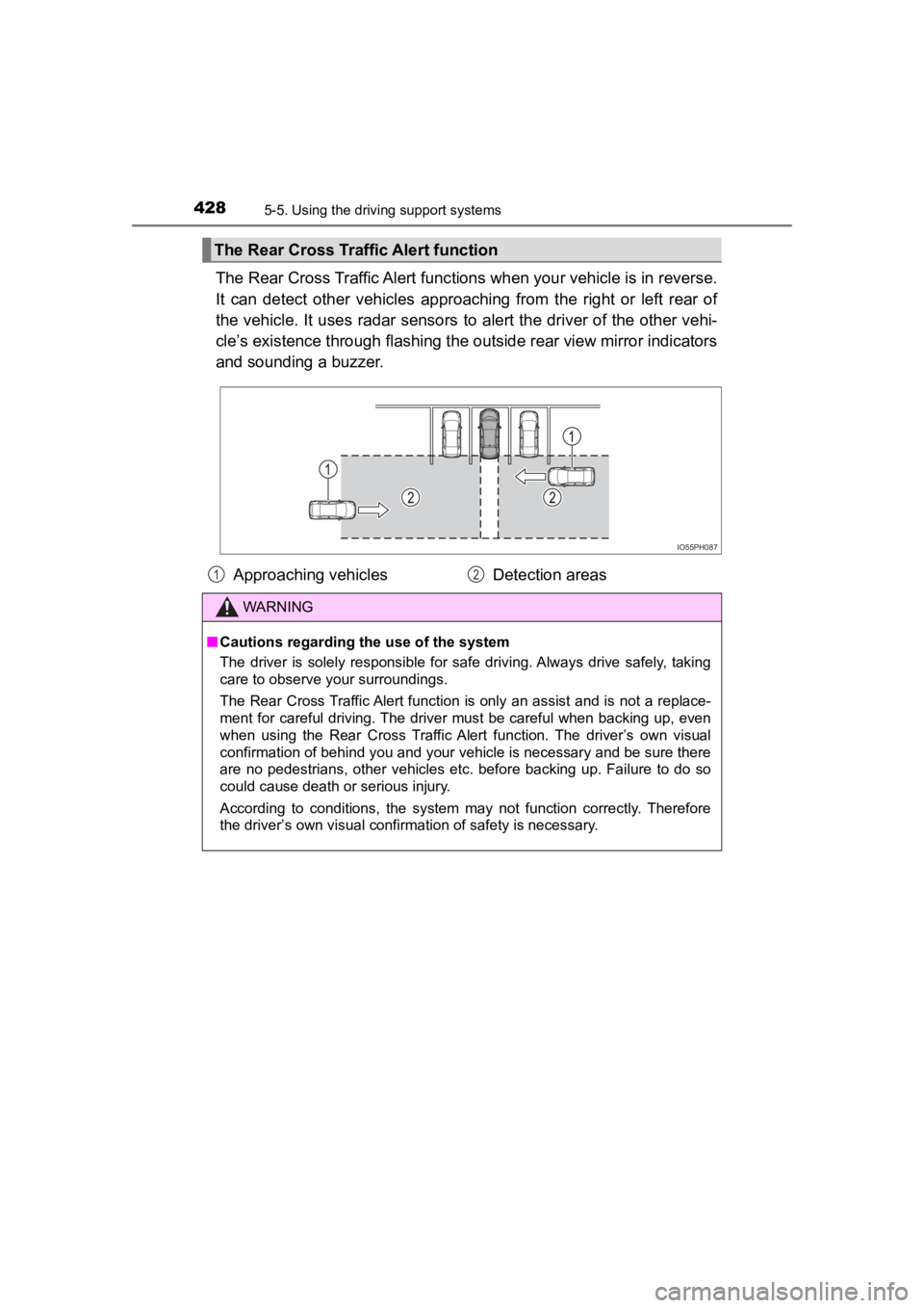 TOYOTA PRIUS PRIME 2020 (in English) Service Manual 428
PRIUS PRIME_OM_OM47C77U_(U)
5-5. Using the driving support systems
The Rear Cross Traffic Alert func tions when your vehicle is in reverse.
It can detect other vehicles approaching from the TOYOTA PRIUS PRIME 2020 (in English) Service Manual 428
PRIUS PRIME_OM_OM47C77U_(U)
5-5. Using the driving support systems
The Rear Cross Traffic Alert func tions when your vehicle is in reverse.
It can detect other vehicles approaching from the