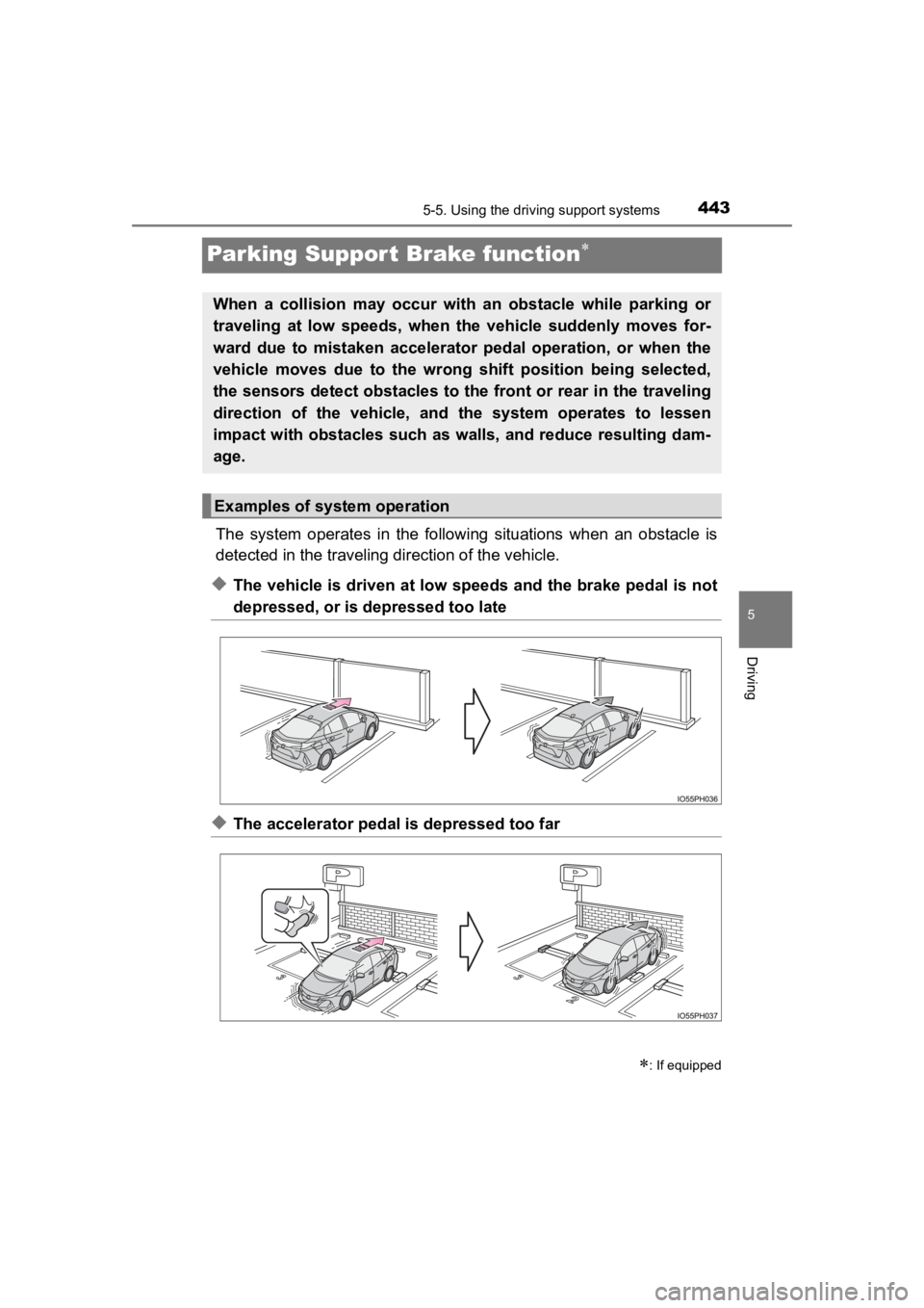 TOYOTA PRIUS PRIME 2020 (in English) Workshop Manual 443
PRIUS PRIME_OM_OM47C77U_(U)
5-5. Using the driving support systems
5
Driving
Parking Suppor t Brake function
The system operates in the follo wing situations when an obstacle is
detec TOYOTA PRIUS PRIME 2020 (in English) Workshop Manual 443
PRIUS PRIME_OM_OM47C77U_(U)
5-5. Using the driving support systems
5
Driving
Parking Suppor t Brake function
The system operates in the follo wing situations when an obstacle is
detec