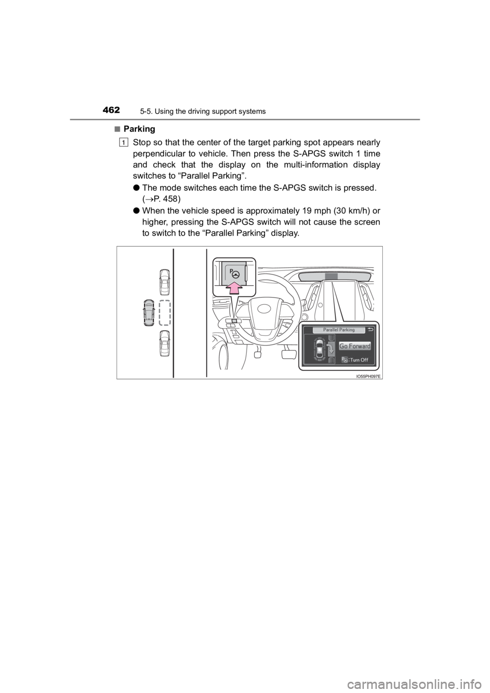 TOYOTA PRIUS PRIME 2020  Owners Manual (in English) 462
PRIUS PRIME_OM_OM47C77U_(U)
5-5. Using the driving support systems
■Parking
Stop so that the center of the  target parking spot appears near ly
perpendicular  to  vehicle.  Then  press  the  S-A