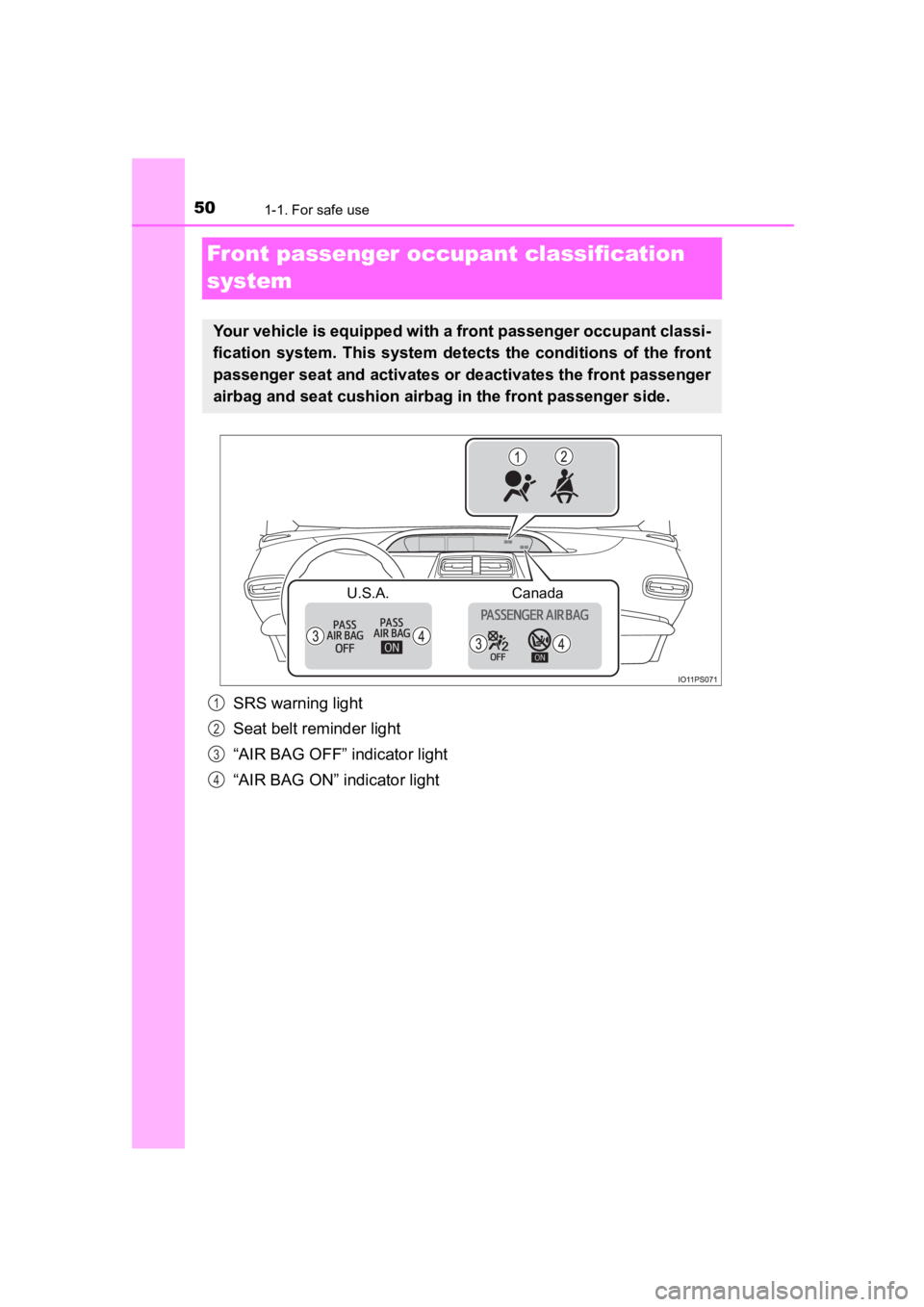 TOYOTA PRIUS PRIME 2020 Owners Manual (in English) 501-1. For safe use
PRIUS PRIME_OM_OM47C77U_(U)
Front passenger occupant classification
system
SRS warning light
Seat belt reminder light
“AIR BAG OFF” indicator light
“AIR BAG ON” indicator TOYOTA PRIUS PRIME 2020 Owners Manual (in English) 501-1. For safe use
PRIUS PRIME_OM_OM47C77U_(U)
Front passenger occupant classification
system
SRS warning light
Seat belt reminder light
“AIR BAG OFF” indicator light
“AIR BAG ON” indicator