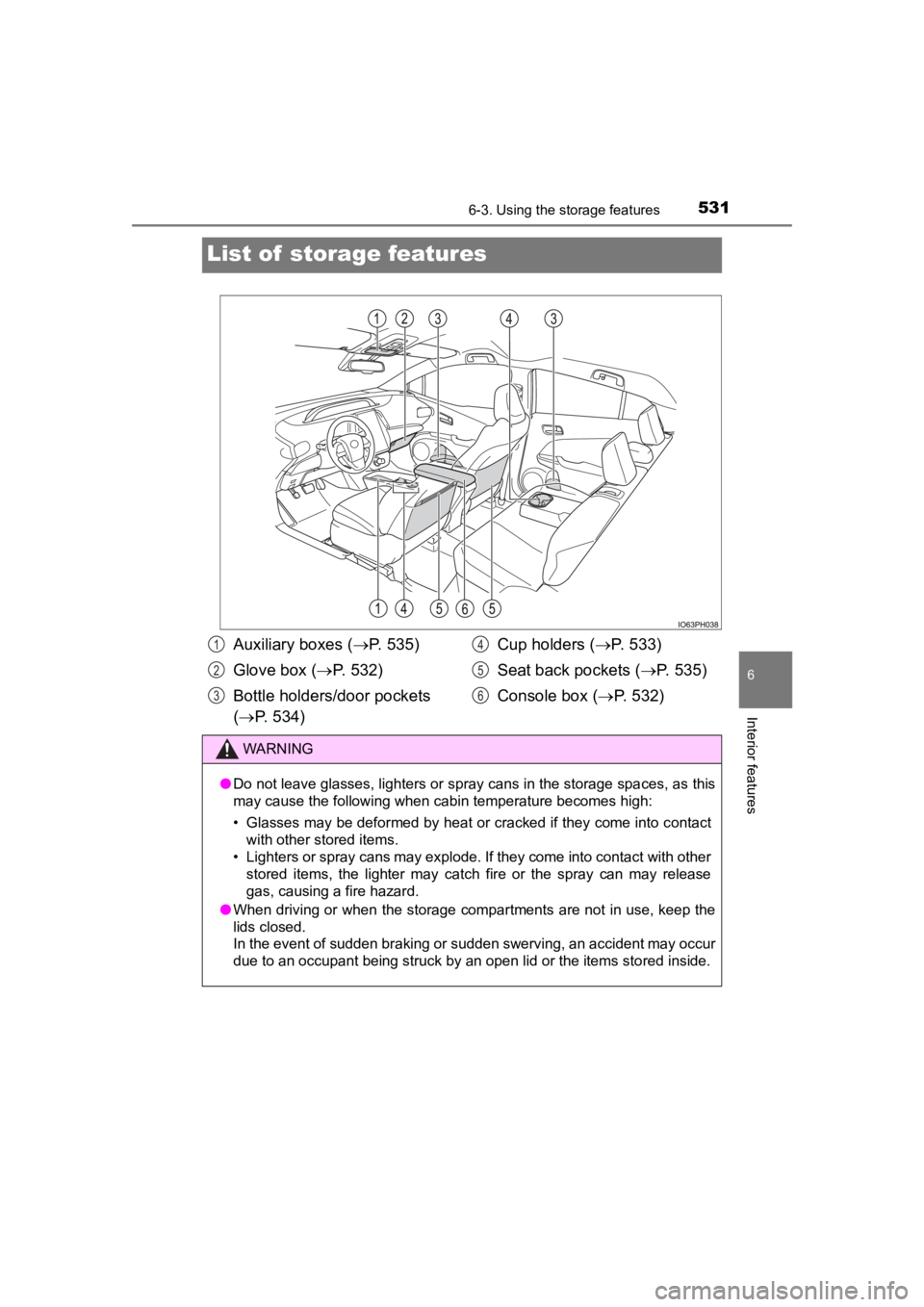 TOYOTA PRIUS PRIME 2020  Owners Manual (in English) 531
PRIUS PRIME_OM_OM47C77U_(U)
6-3. Using the storage features
6
Interior features
List of  storage features
Auxiliary boxes ( P. 535)
Glove box ( P. 532)
Bottle holders/door pockets 
(  P. 