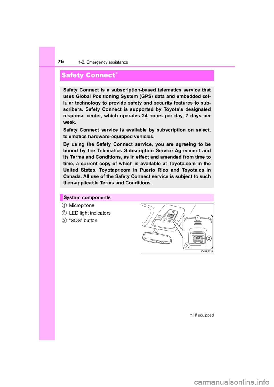 TOYOTA PRIUS PRIME 2020 (in English) Manual PDF 761-3. Emergency assistance
PRIUS PRIME_OM_OM47C77U_(U)
Safety Connect
Microphone
LED light indicators
“SOS” button
: If equipped
Safety Connect is a subscription-based telematics serv TOYOTA PRIUS PRIME 2020 (in English) Manual PDF 761-3. Emergency assistance
PRIUS PRIME_OM_OM47C77U_(U)
Safety Connect
Microphone
LED light indicators
“SOS” button
: If equipped
Safety Connect is a subscription-based telematics serv