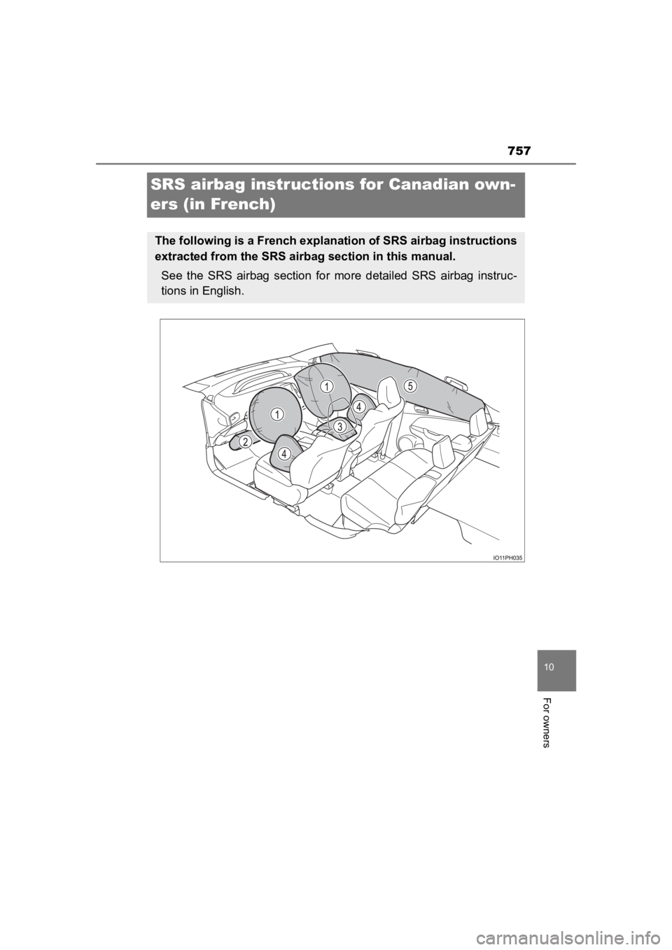 TOYOTA PRIUS PRIME 2020  Owners Manual (in English) 757
PRIUS PRIME_OM_OM47C77U_(U)
10
For owners
SRS airbag instructions for Canadian own-
ers (in French)
The following is a French explanation of SRS airbag instructions
extracted from the SRS air bag 