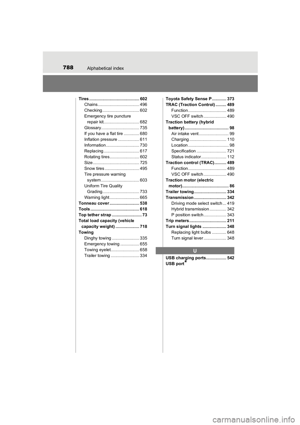 TOYOTA PRIUS PRIME 2020 Owners Manual (in English) 788Alphabetical index
PRIUS PRIME_OM_OM47C77U_(U)
Tires .......................................... 602Chains................................... 496
Checking ............................... 602
Emergen TOYOTA PRIUS PRIME 2020 Owners Manual (in English) 788Alphabetical index
PRIUS PRIME_OM_OM47C77U_(U)
Tires .......................................... 602Chains................................... 496
Checking ............................... 602
Emergen