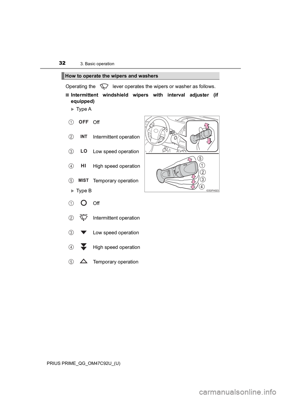 TOYOTA PRIUS PRIME 2020 (in English) Owners Guide 32
PRIUS PRIME_QG_OM47C92U_(U)
3. Basic operation
Operating the lever operates the wipers or washer as follows.
■Intermittent windshield wipers with interval adjuster (if
equipped)
Ty p e A
TOYOTA PRIUS PRIME 2020 (in English) Owners Guide 32
PRIUS PRIME_QG_OM47C92U_(U)
3. Basic operation
Operating the lever operates the wipers or washer as follows.
■Intermittent windshield wipers with interval adjuster (if
equipped)
Ty p e A